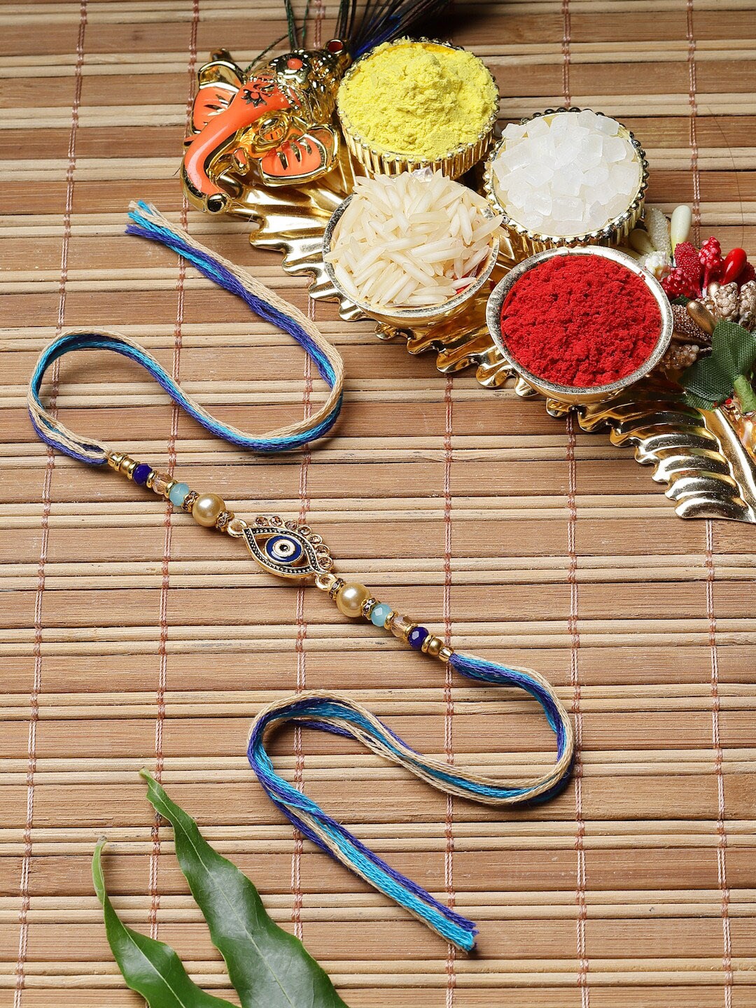 

ZENEME Men Stone Studded & Beaded Evil Eye Thread Rakhi, Gold
