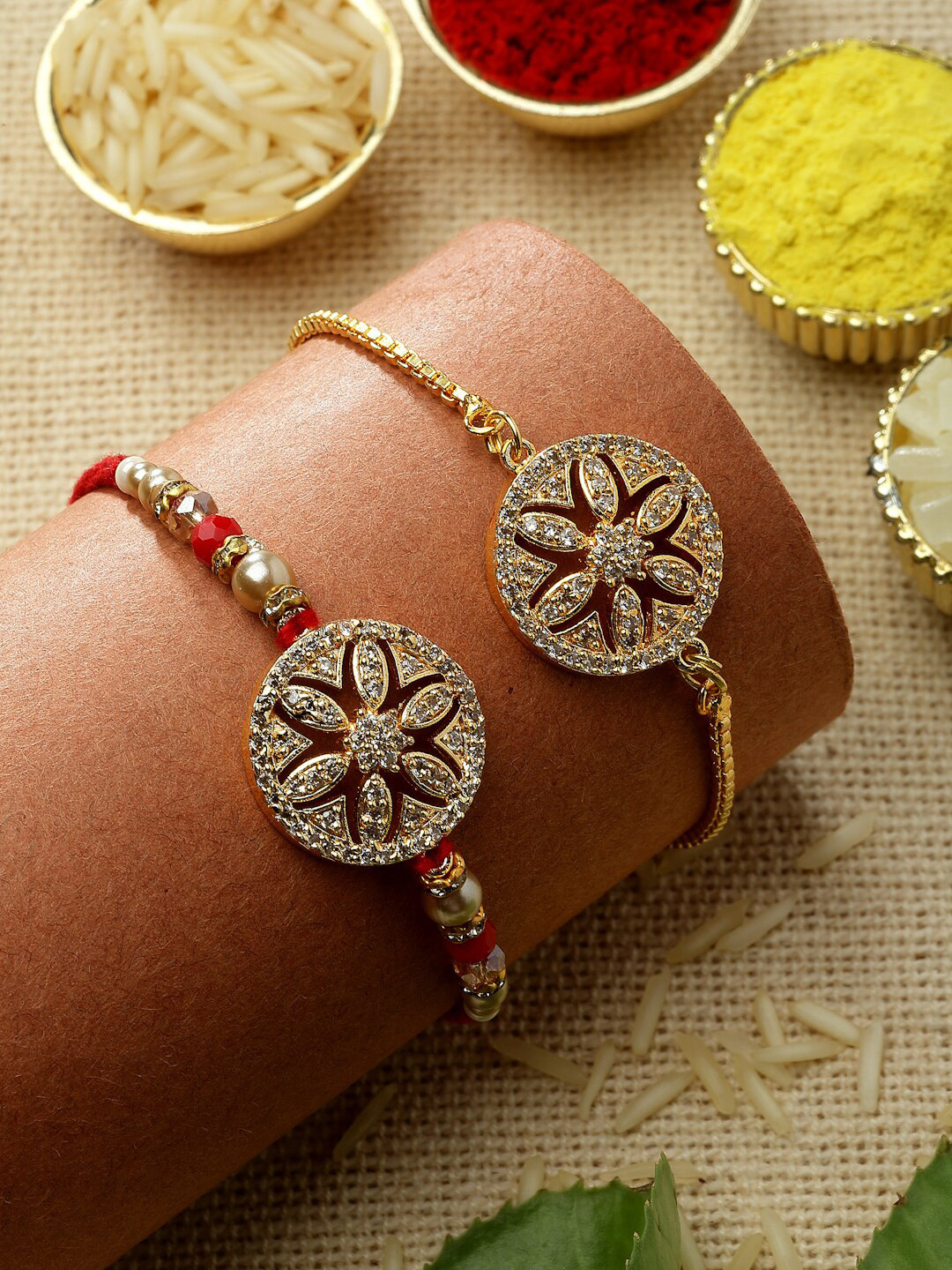 

ZENEME Unisex Set of 2 Stone Studded & Beads Bhaiya Bhabhi Rakhi With Roli Chawal, Gold
