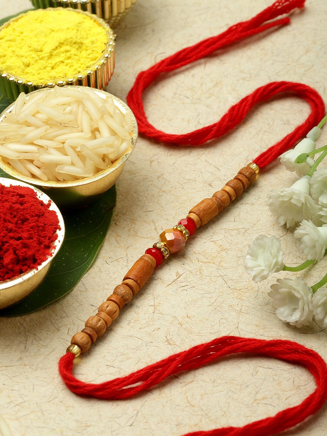 

ZENEME Wooden & Artificial Beads and Stones Studded Thread Rakhi, Red