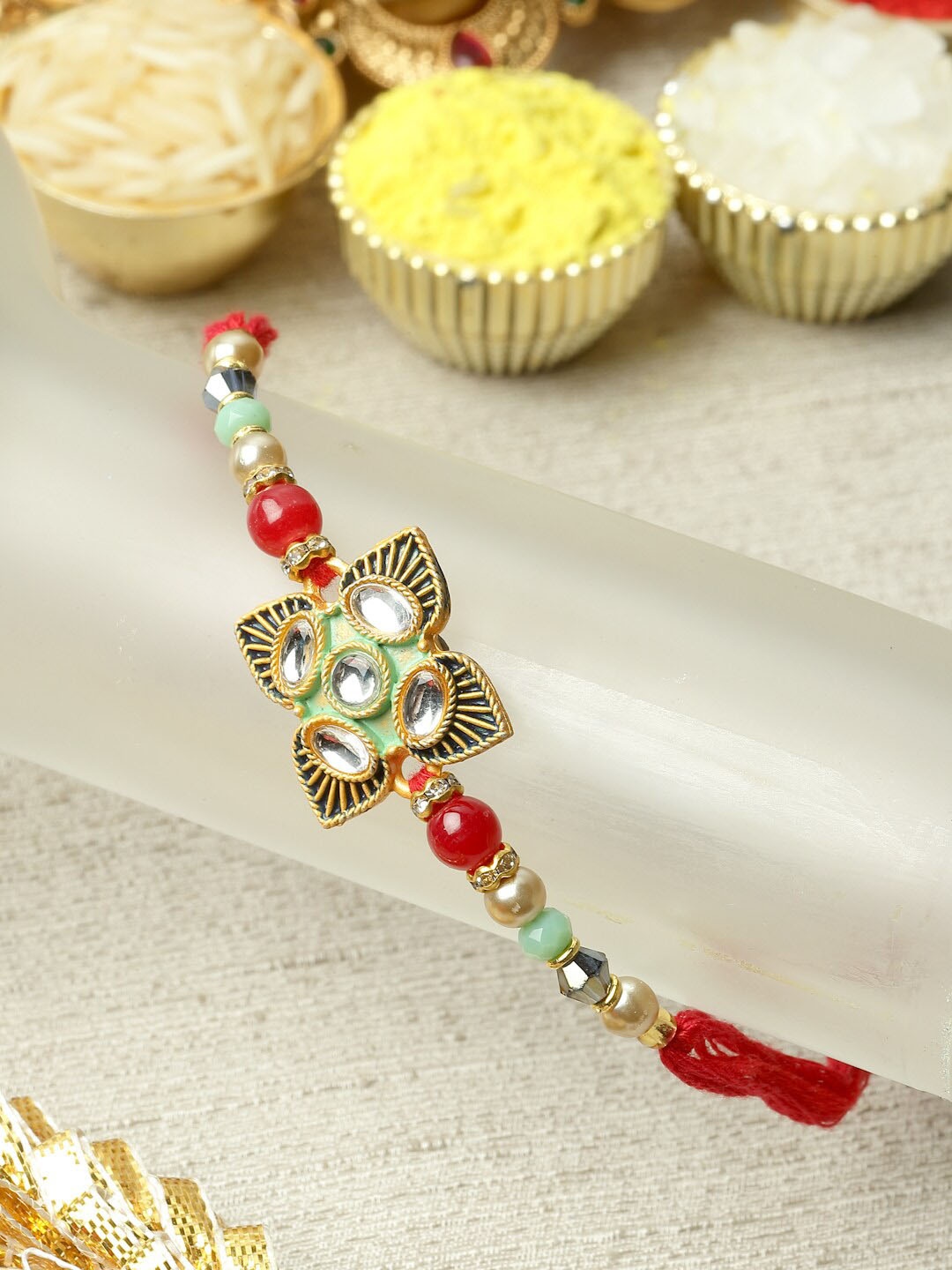 

ZENEME Kundan Studded Beads Stringed Rakhi Gift Set, Multi