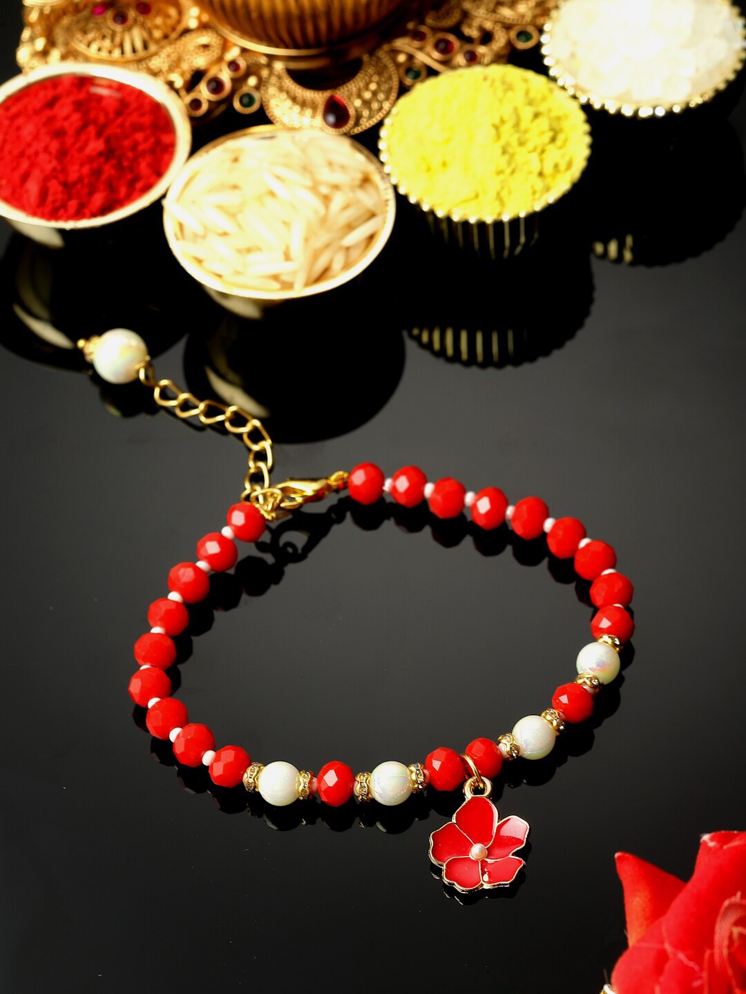 

ZENEME Enameled Floral Design Bracelet Rakhi, Red