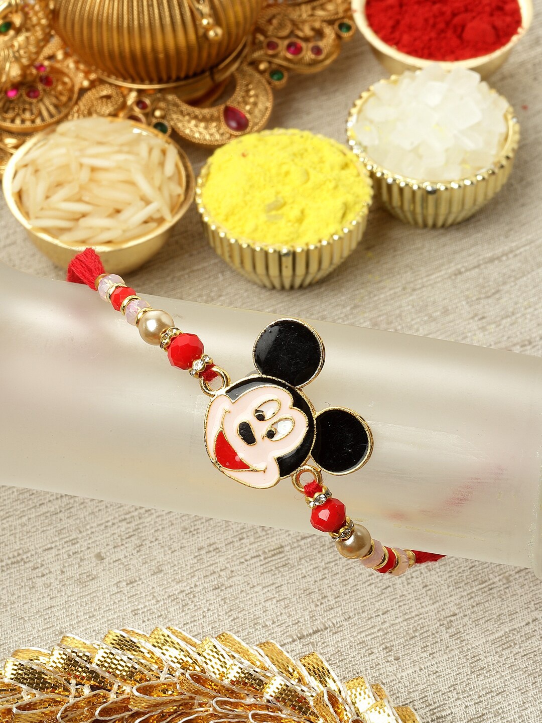

ZENEME Boys Mickey Mouse Beads & Stone Studded Rakhi With Roli Chawal, Gold