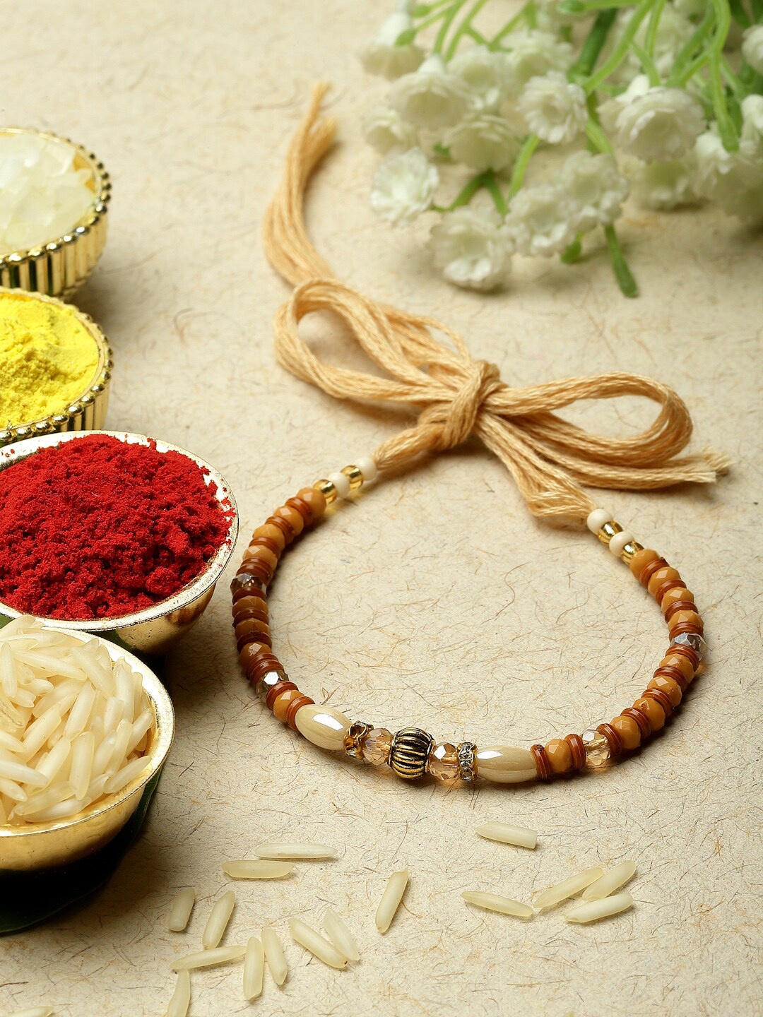 

ZENEME Rudraksh Beaded Thread Rakhi With Roli nd Chawal, Brown