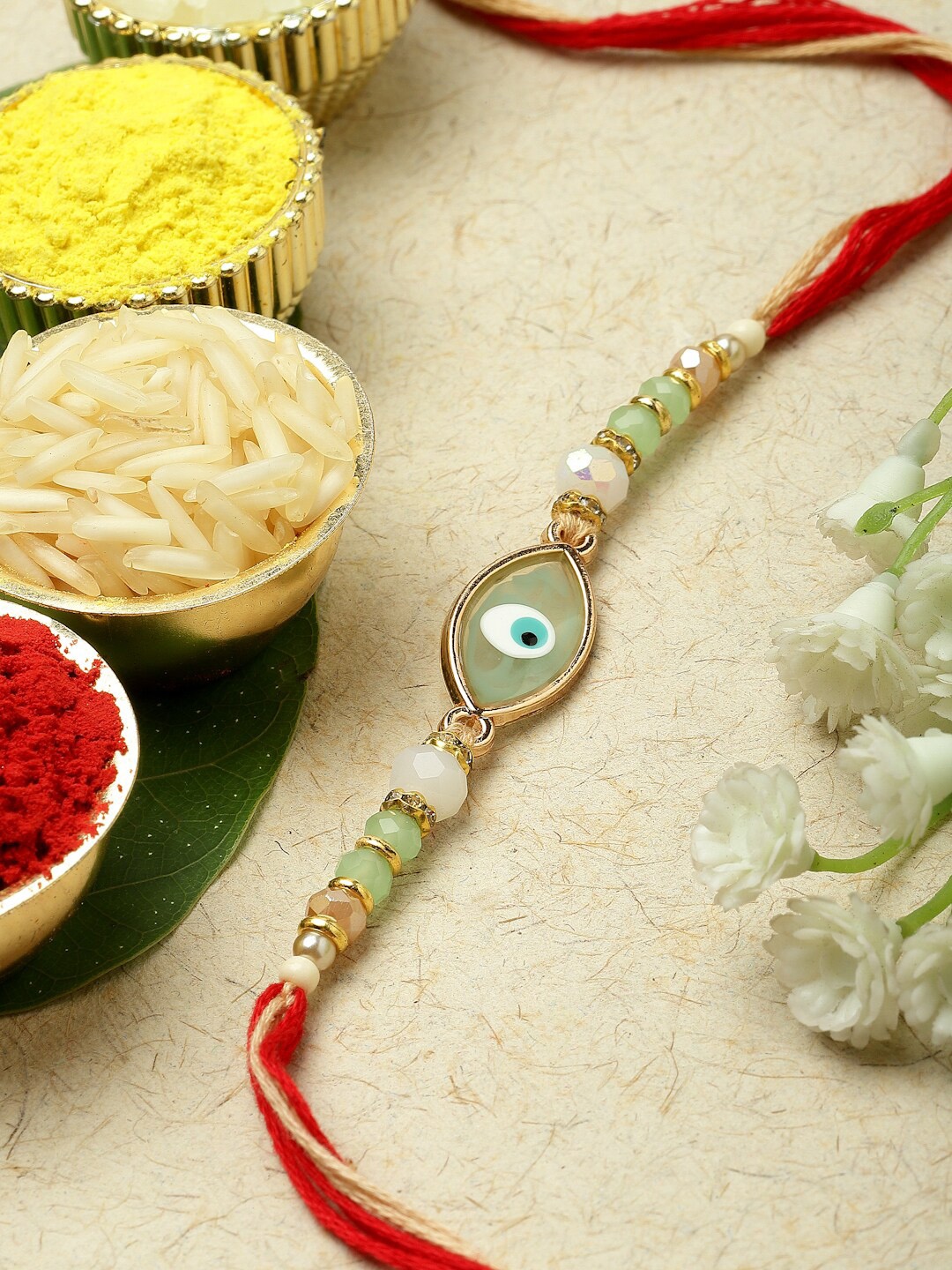 

ZENEME Beaded Evil Eye Rakhi, Lime green