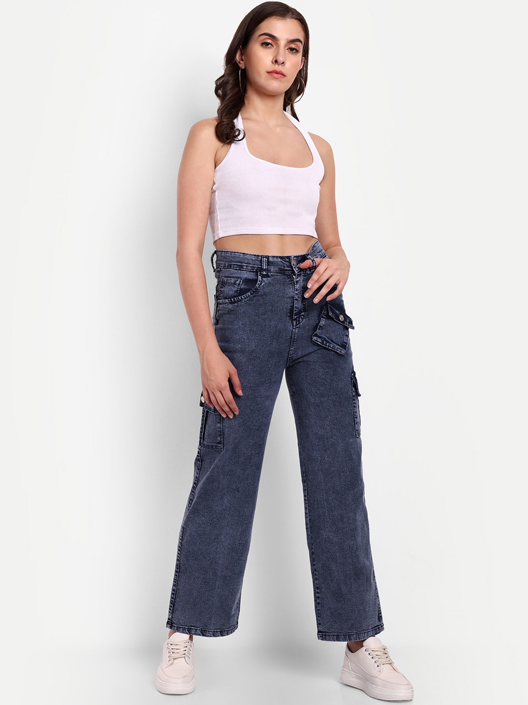 

Next One Women Smart Wide Leg High-Rise Heavy Fade Stretchable Jeans, Navy blue