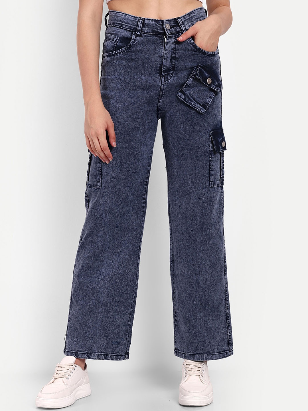 

Next One Women Smart Wide Leg High-Rise Heavy Fade Stretchable Jeans, Navy blue
