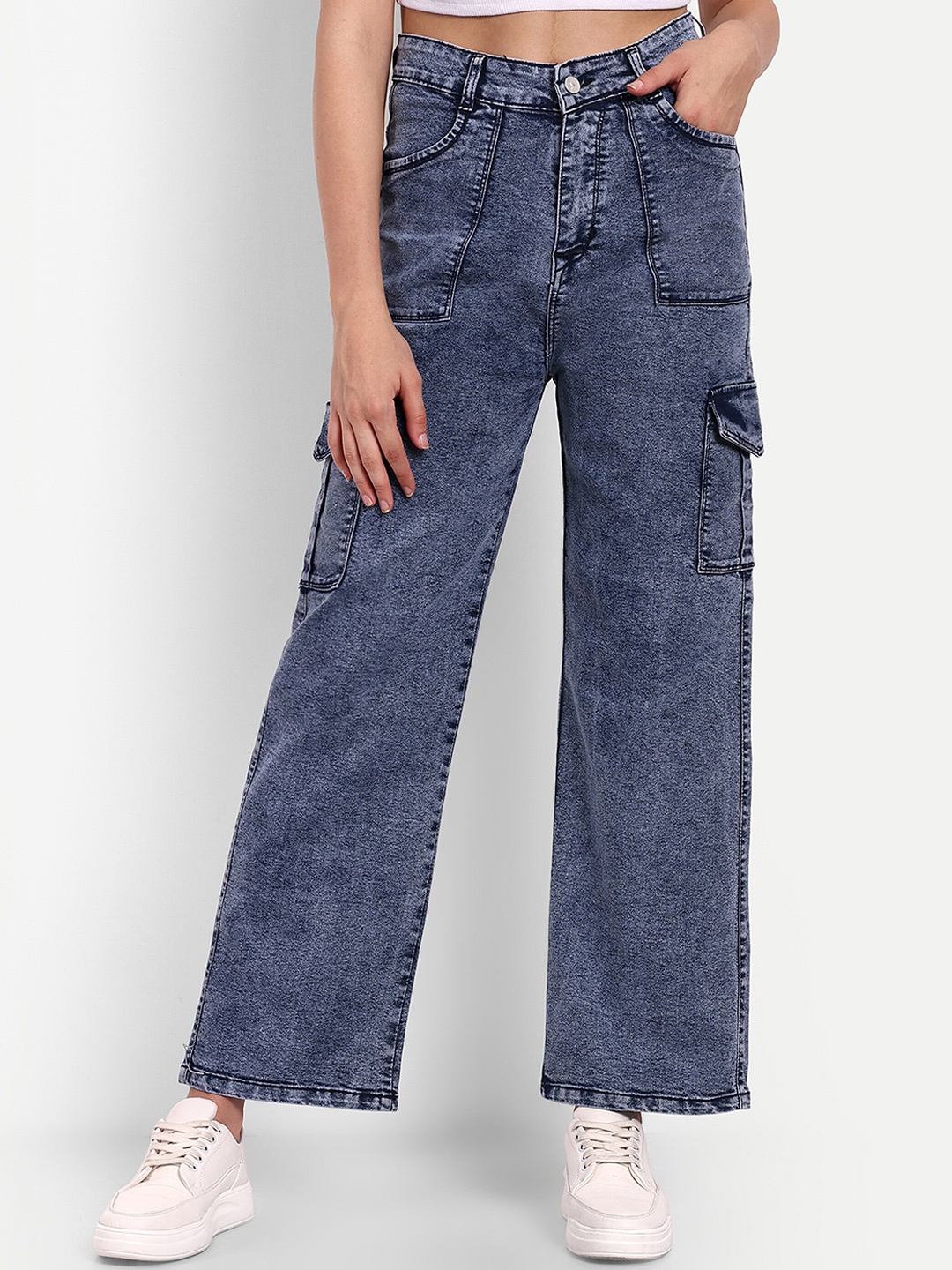 

Next One Women Smart Wide Leg High-Rise Heavy Fade Stretchable Jeans, Blue