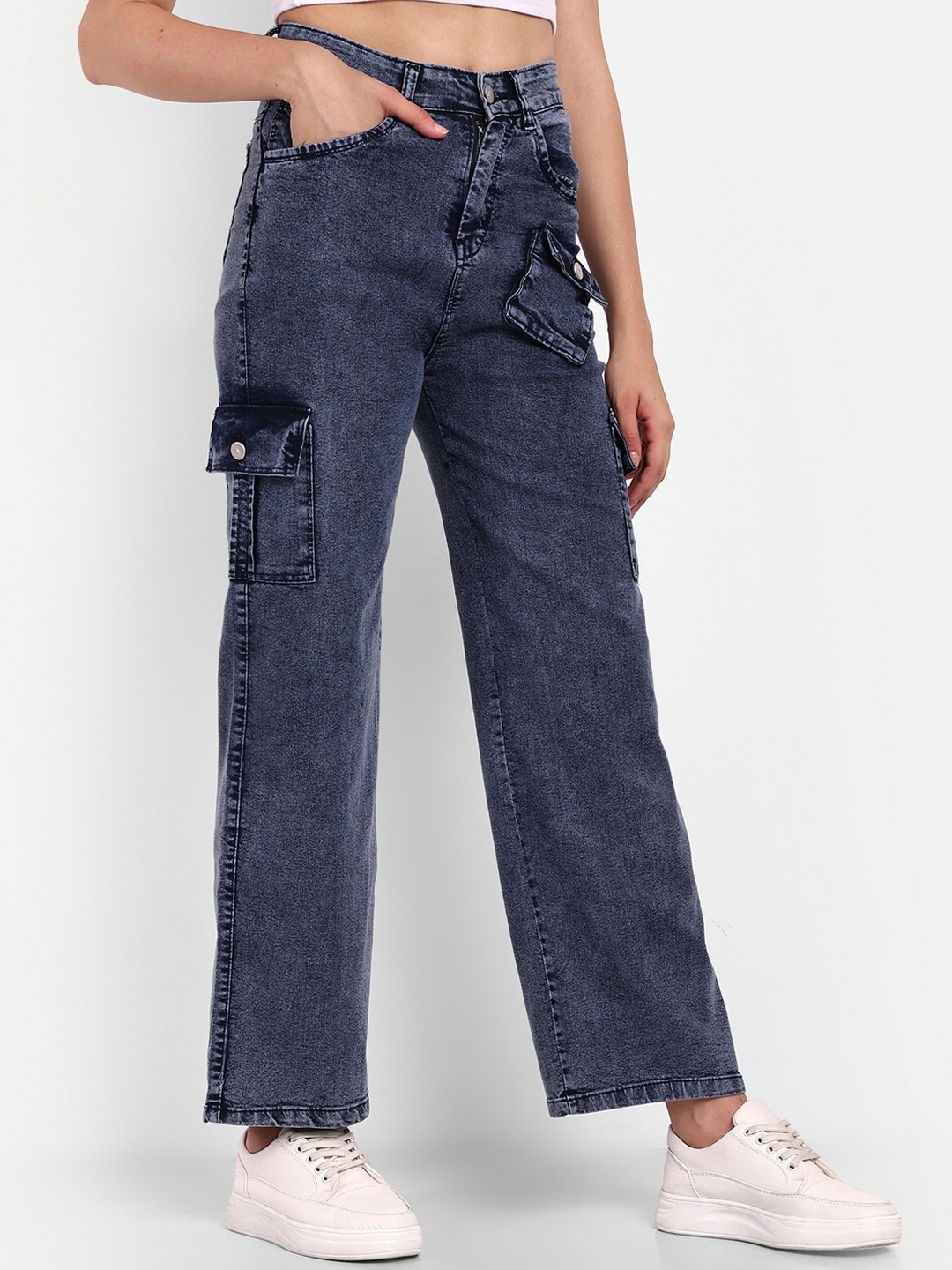 

Next One Women Smart Wide Leg High-Rise Heavy Fade Stretchable Jeans, Navy blue