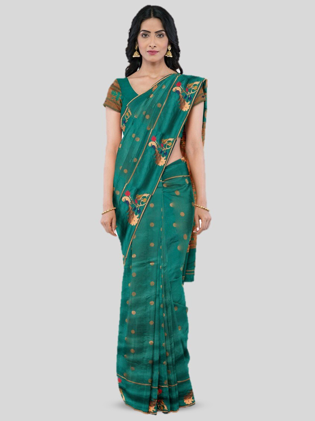 

KAJREE Green & Red Ethnic Floral Woven Design Paithani Saree