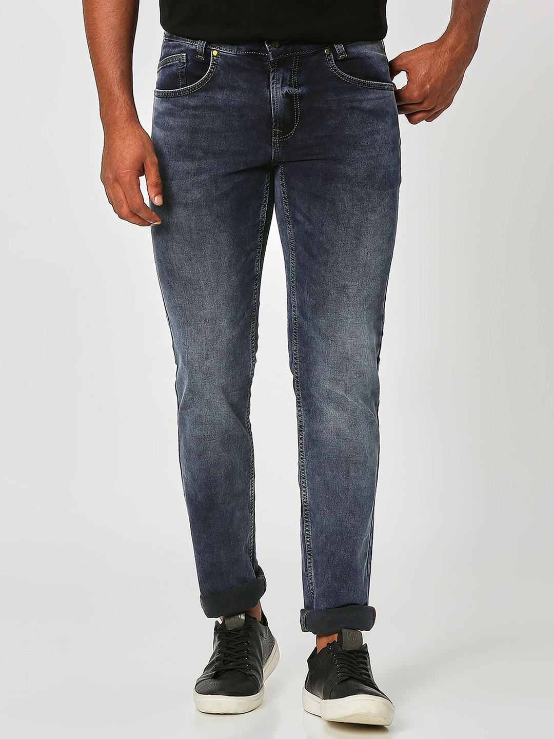 Mufti Men Slim Fit Heavy Fade Stretchable Jeans, Navy blue