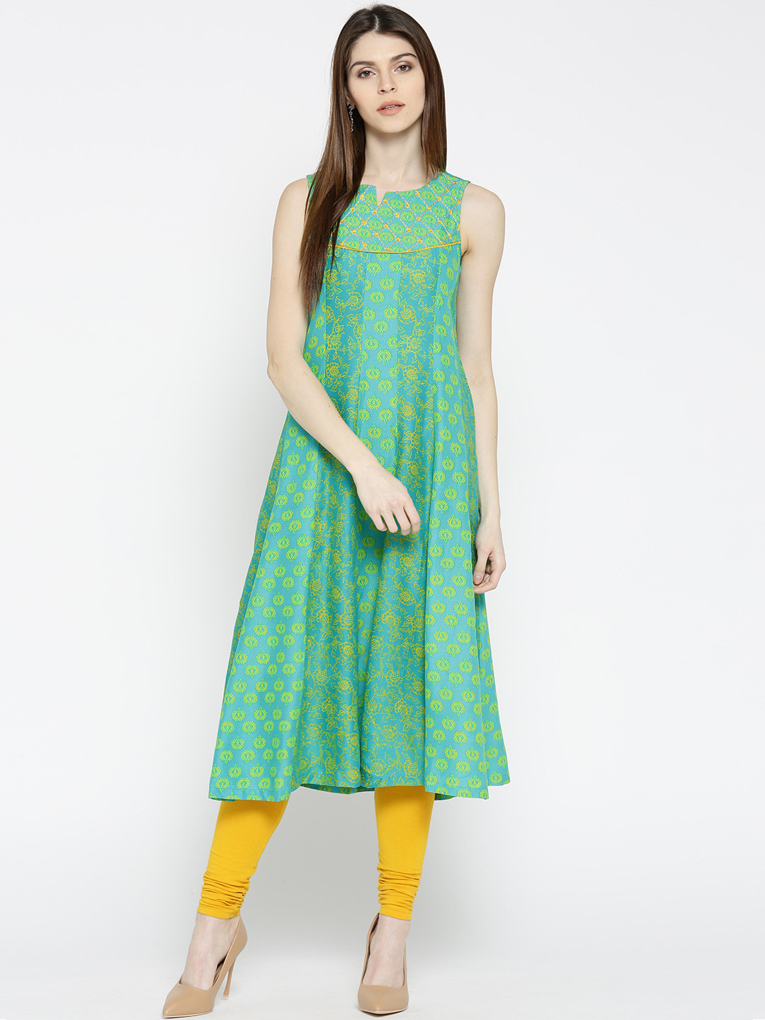 

Rangriti Women Blue & Yellow Printed A-Line Kurta