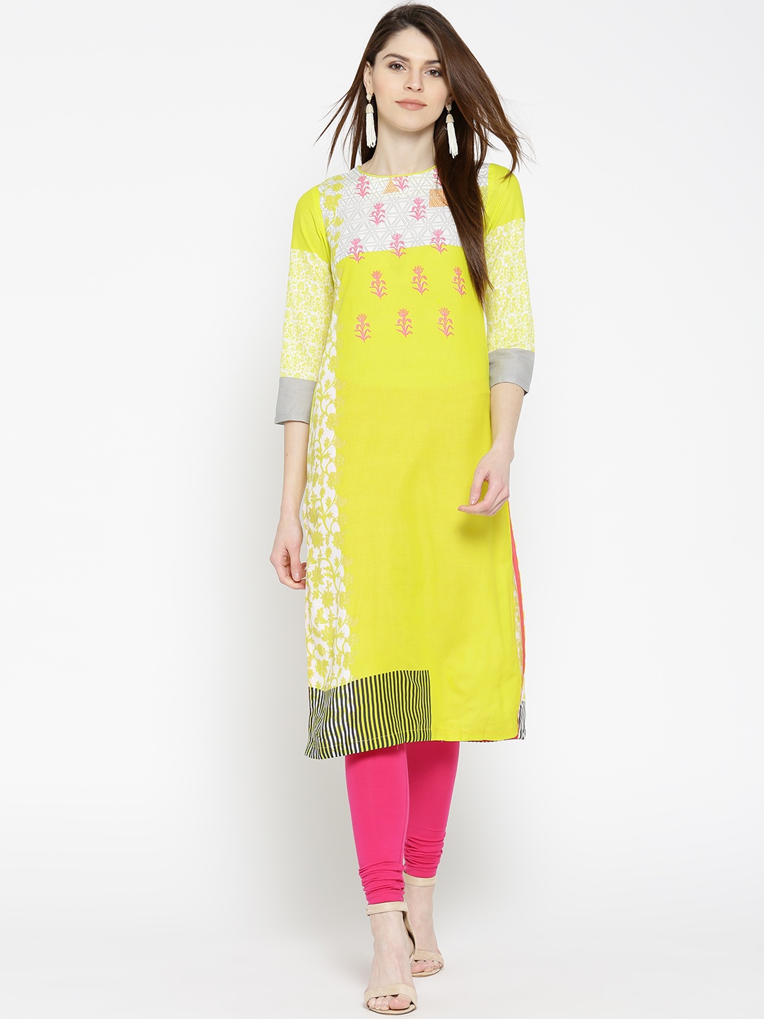 

Rangriti Women Fluorescent Green & White Printed Straight Kurta