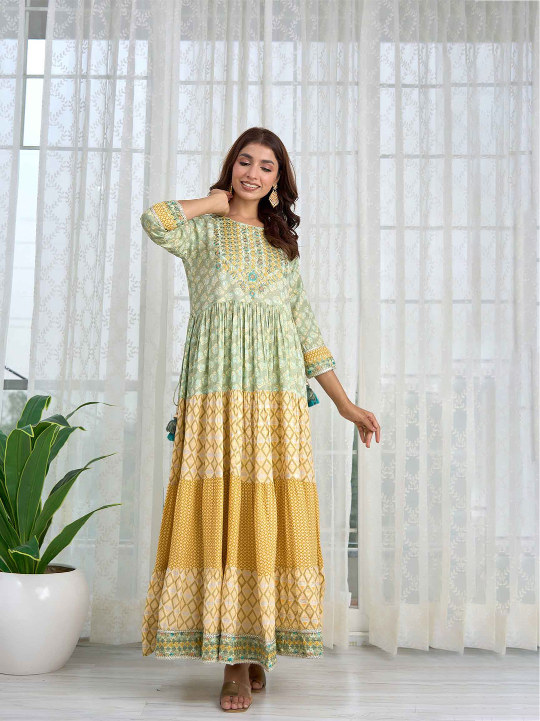 

KALINI Ethnic Motifs Printed Embroidered Fit & Flare Ethnic Dress, Green