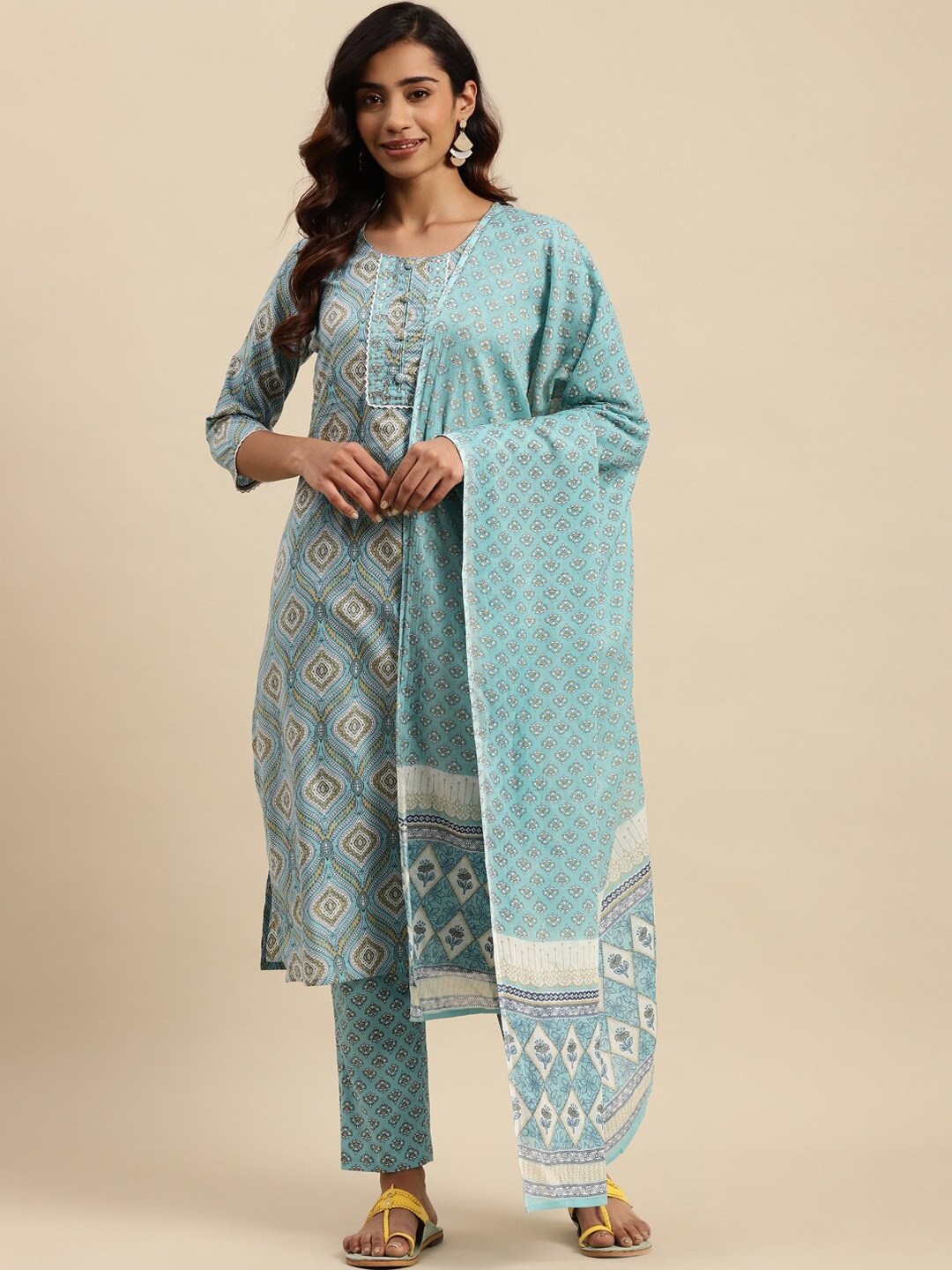 

KALINI Ethnic Motifs Three-Quarter Sleeves Pure Cotton Kurta Set With Dupatta, Sea green