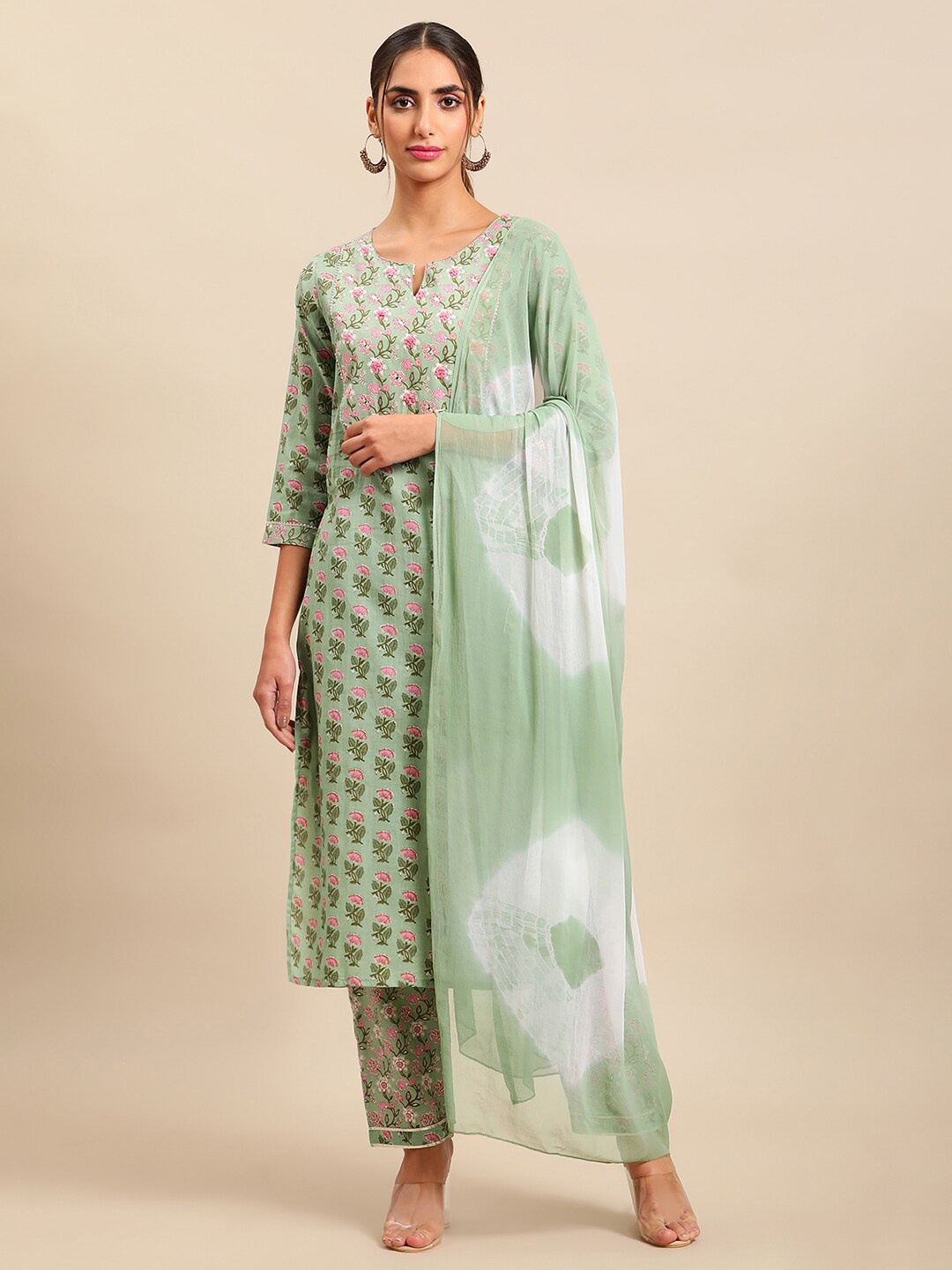 

KALINI Floral Printed Three-Quarter Sleeves Gotta Patti Pure Cotton Kurta Set With Dupatta, Sea green