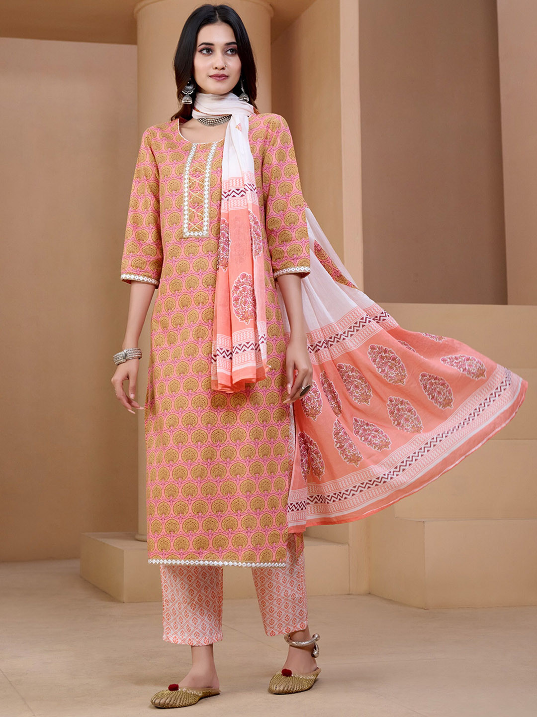 

KALINI Ethnic Motifs Mirror Three-Quarter Sleeves Work Kurta Set Dupatta, Peach