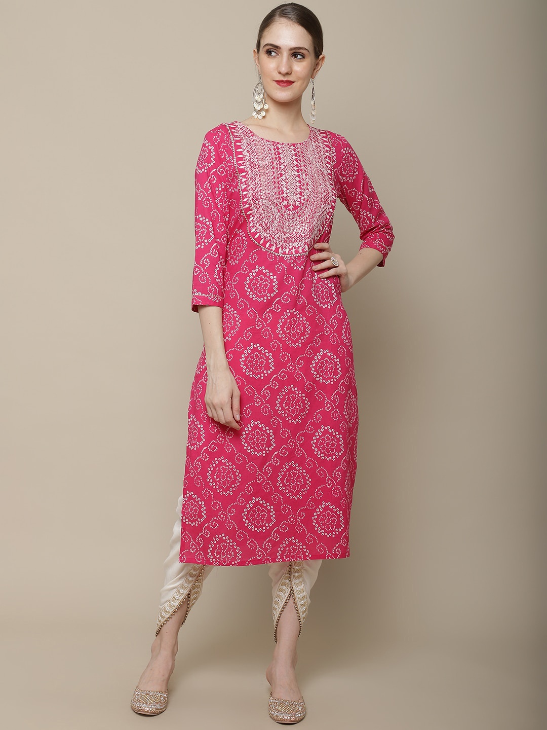 

KALINI Bandhani Printed Thread Work and Gotta Patti Detailed Straight Pure Cotton Kurta, Pink