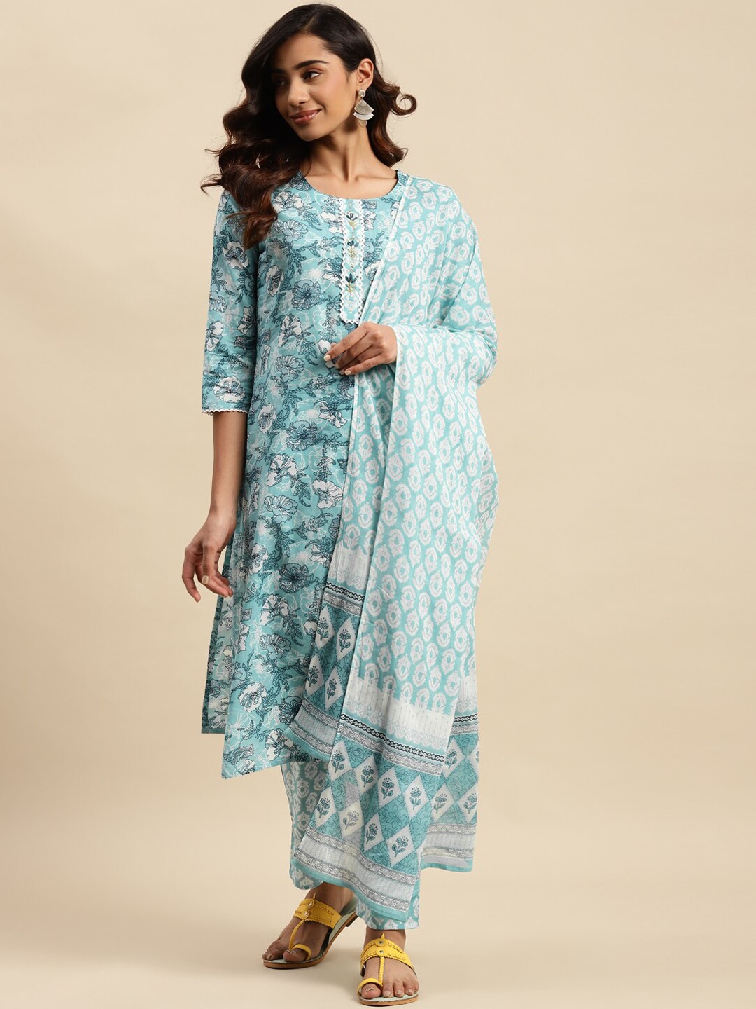 

KALINI Floral Printed Regular Sequinned Pure Cotton Kurta With Trousers & Dupatta, Blue