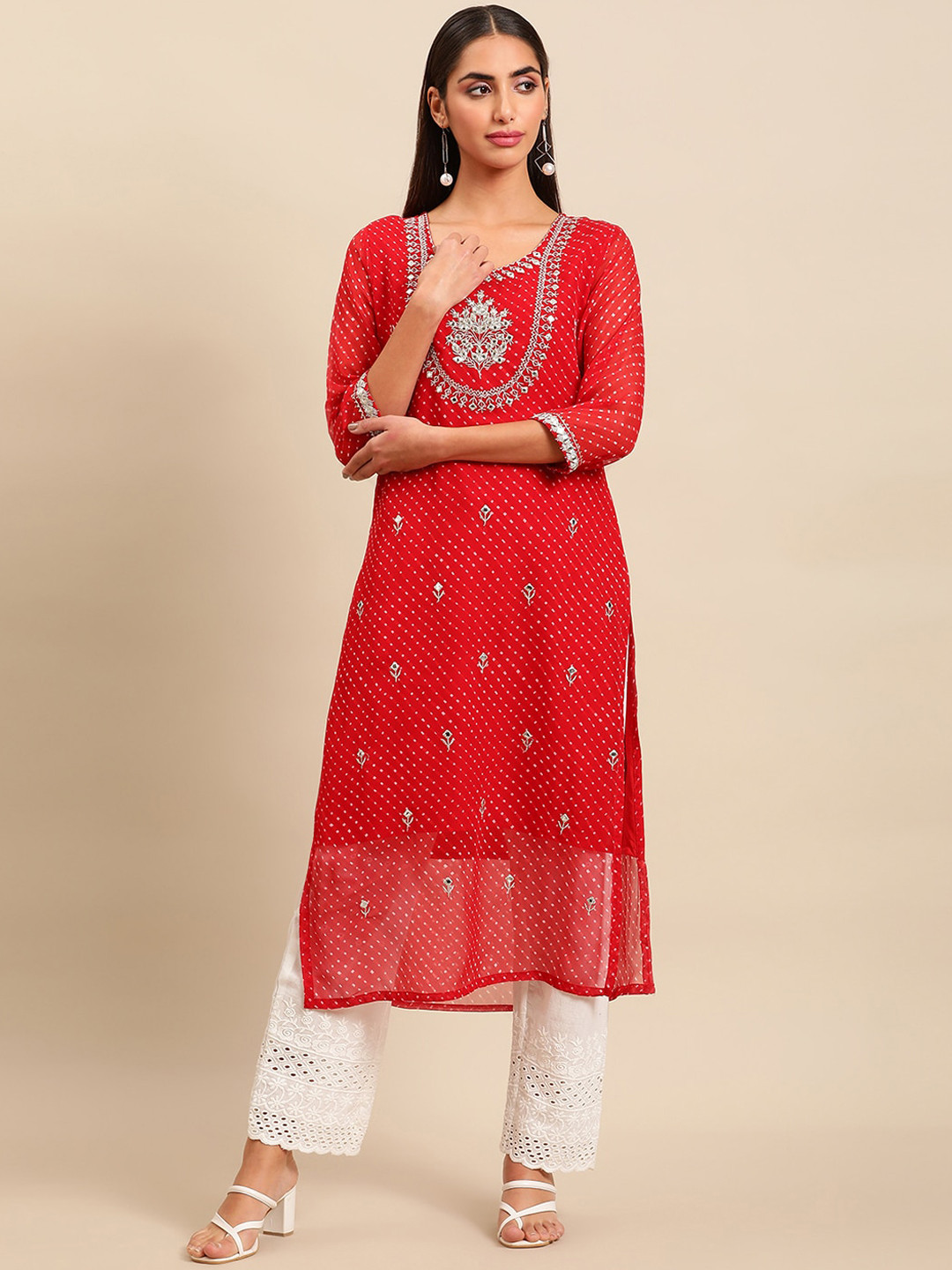 

KALINI Ethnic Motifs embroidered Mirror Work Round Neck Straight Kurta, Red