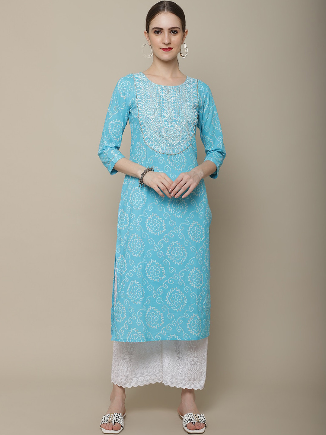 

KALINI Bandhani Printed Thread Work and Gotta Patti Detailed Straight Pure Cotton Kurta, Turquoise blue
