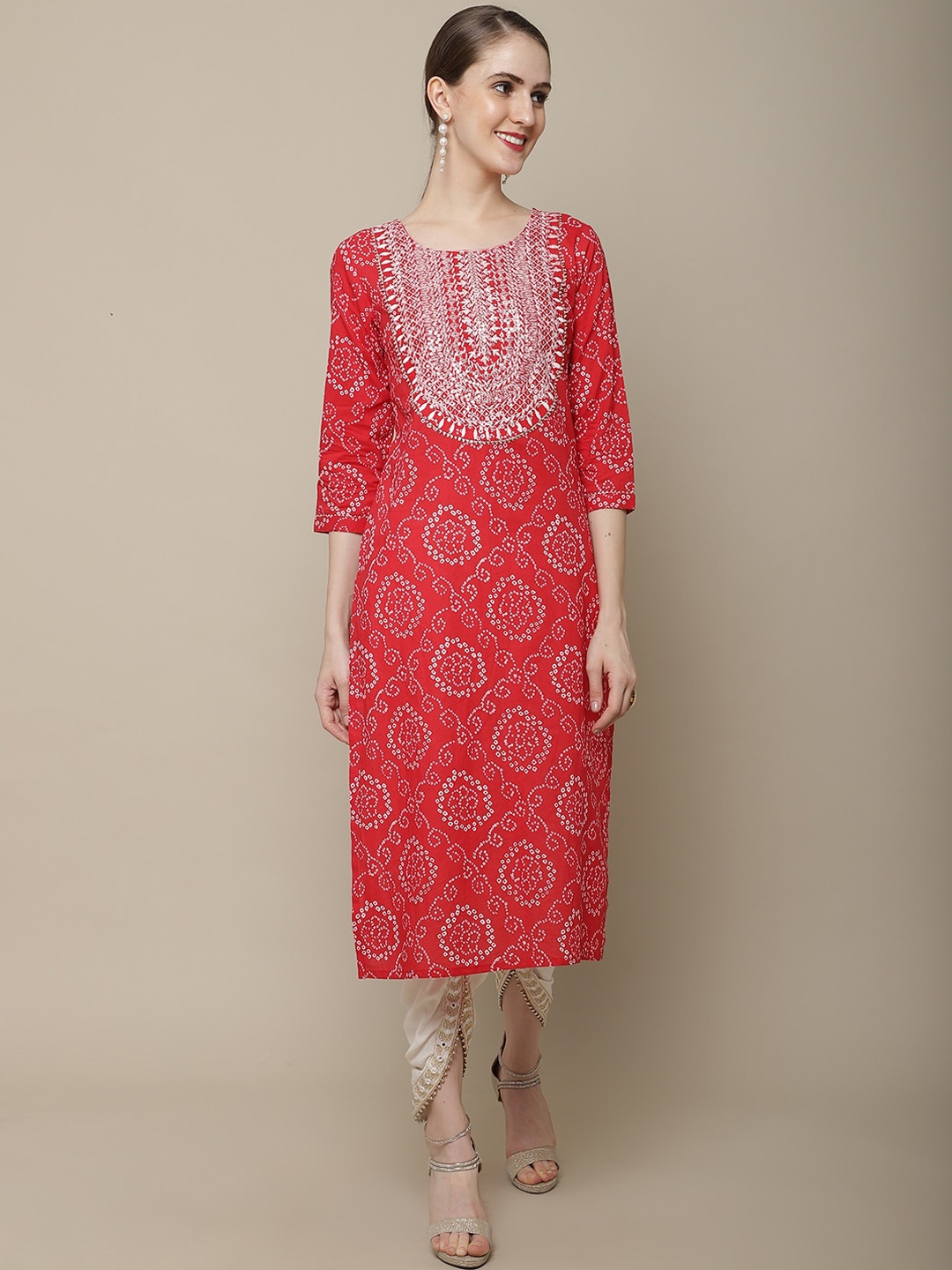 

KALINI Bandhani Printed Thread Work and Gotta Patti Detailed Straight Pure Cotton Kurta, Red