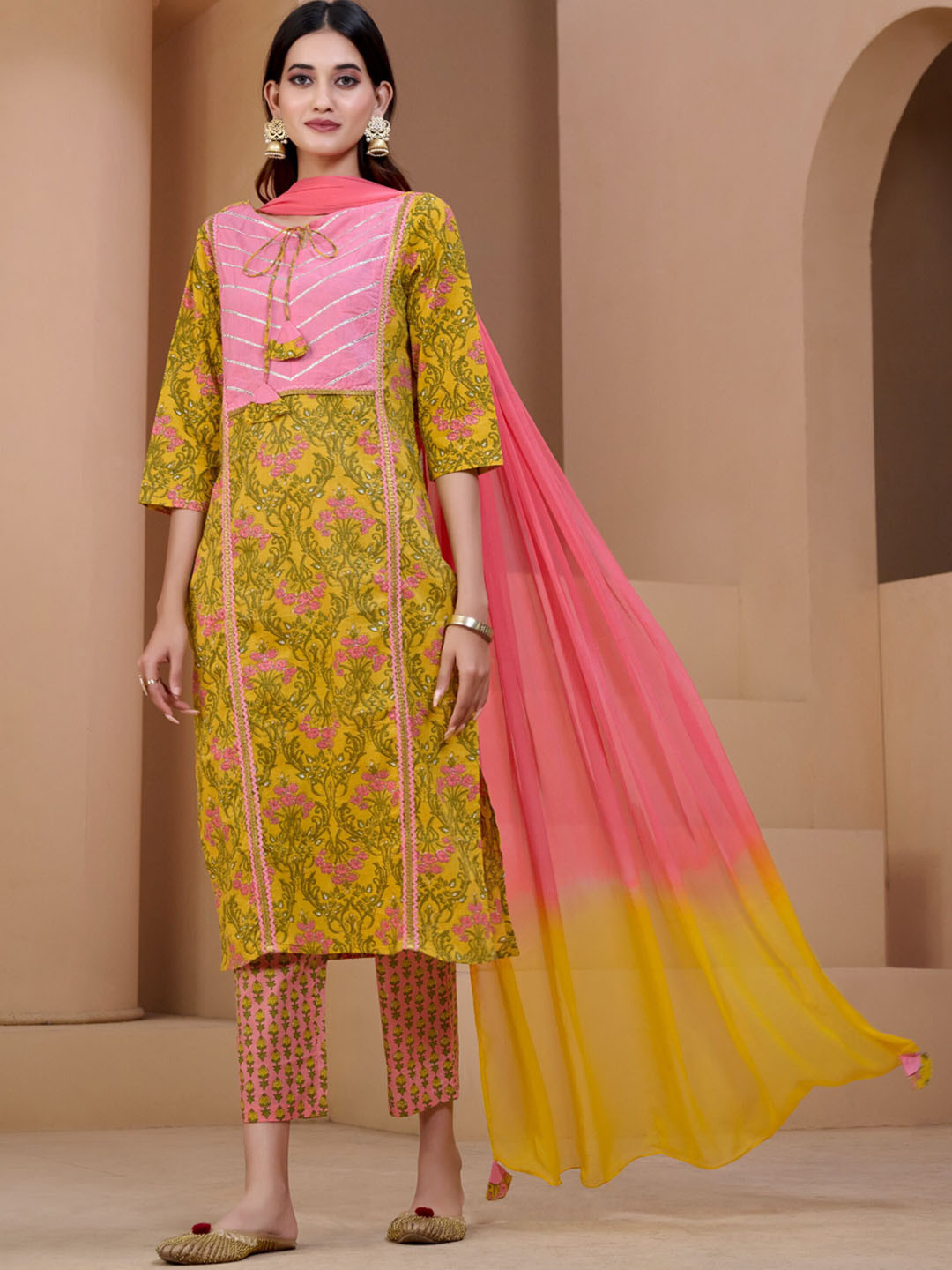 

KALINI Floral Printed Regular Gotta Patti Pure Cotton Kurta With Trousers & Dupatta, Mustard