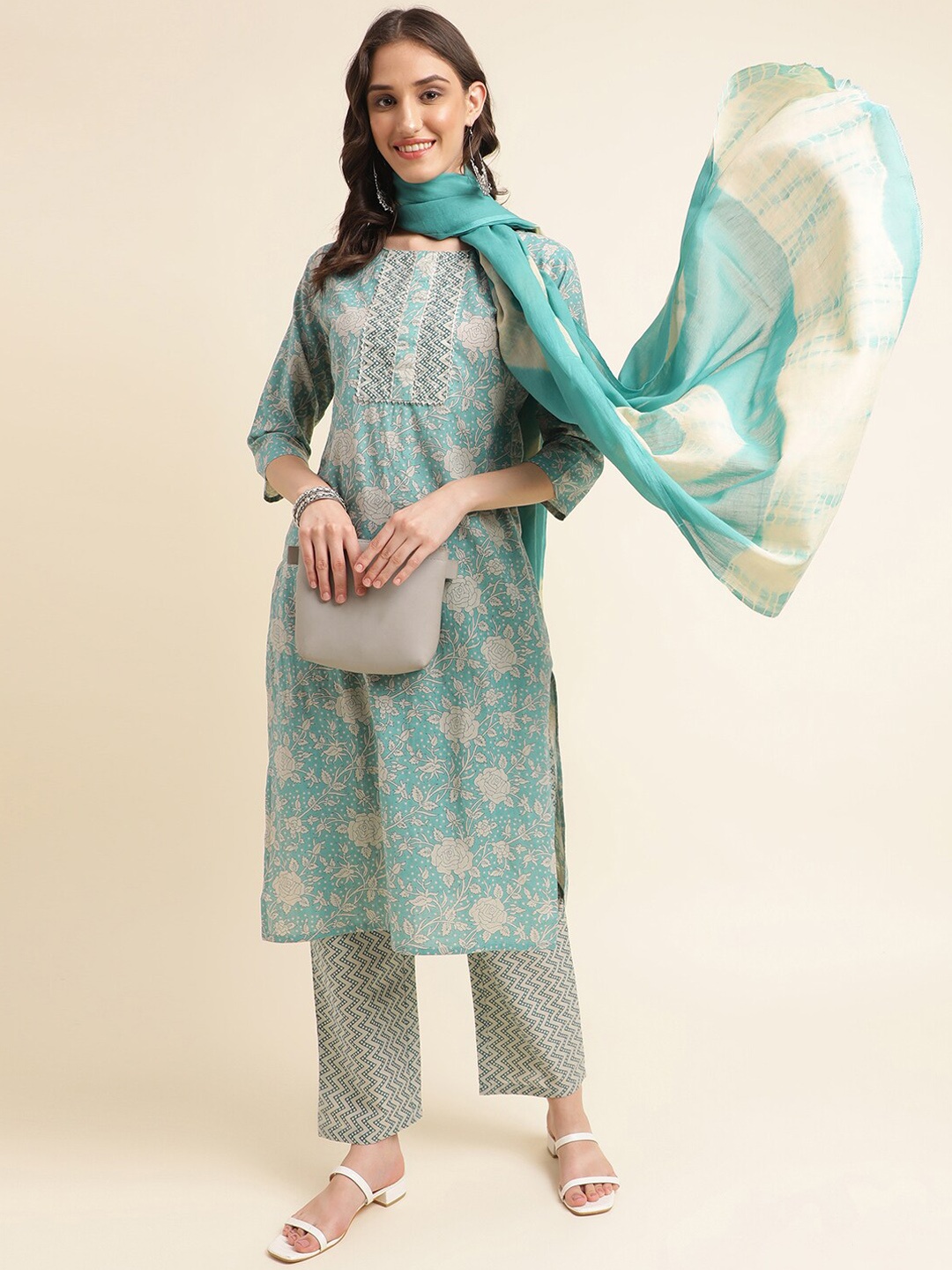 

KALINI Floral Printed Regular Sequinned Pure Cotton Kurta With Trousers & Dupatta, Blue