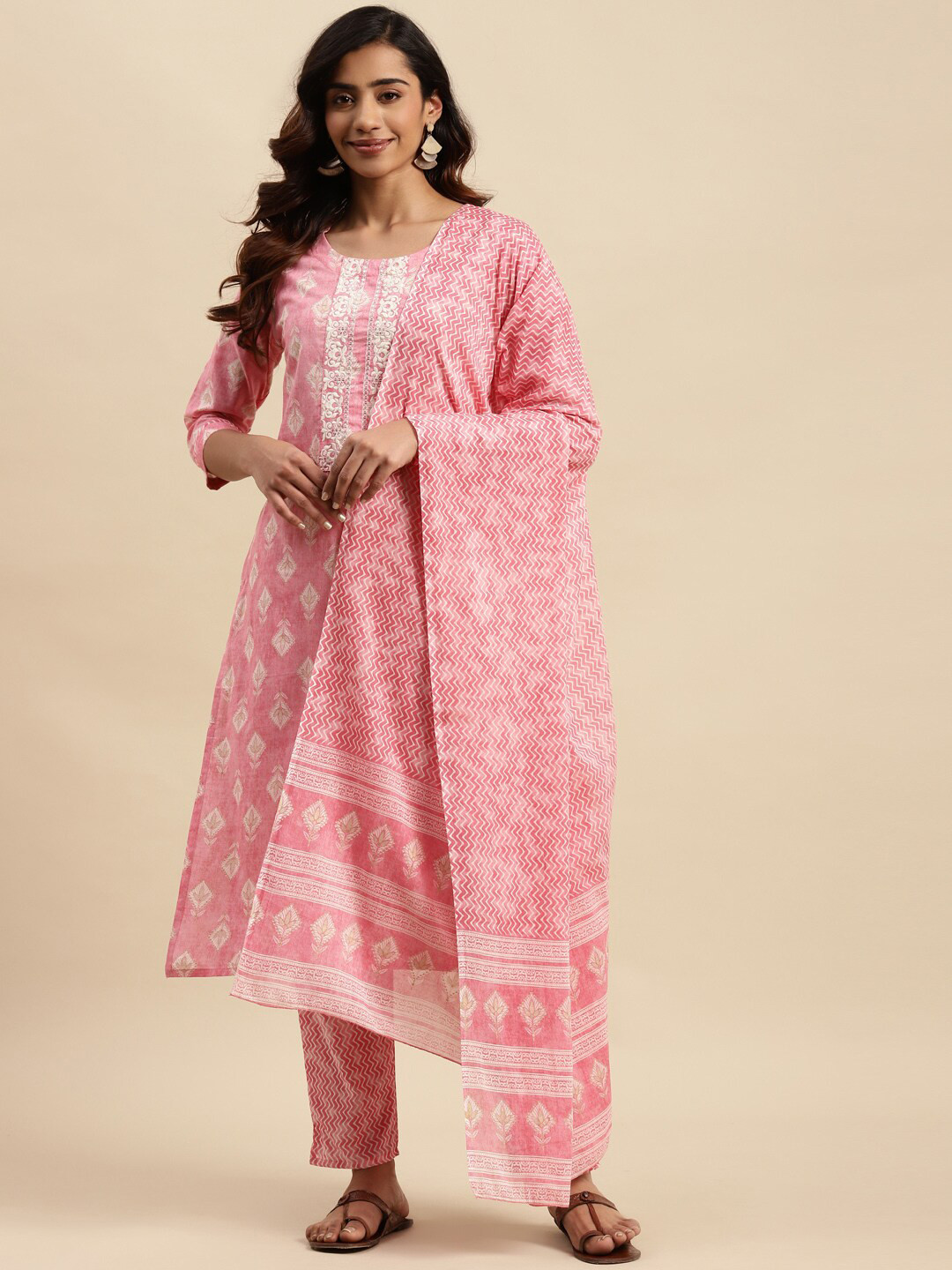 

KALINI Ethnic Motif Printed Regular Thread Work Pure Cotton Kurta With Trousers & Dupatta, Pink