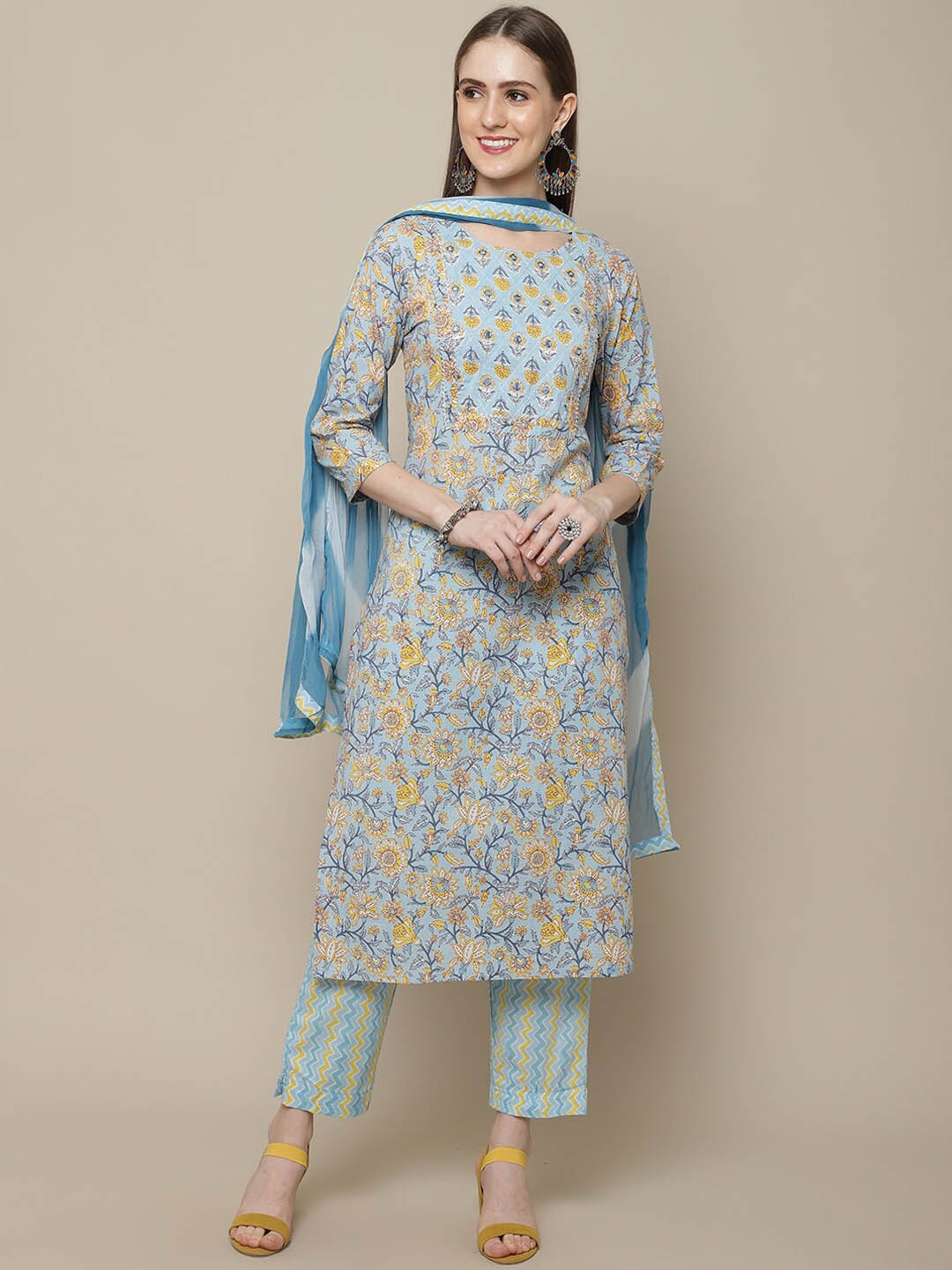 

KALINI Floral Printed Regular Gotta Patti Pure Cotton Kurta With Trousers & Dupatta, Blue