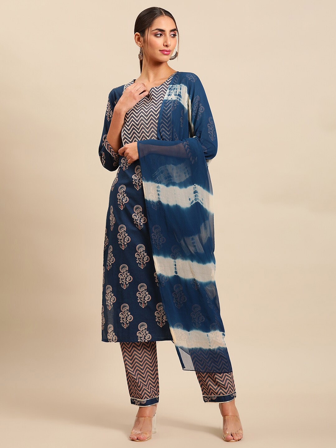 

KALINI Ethnic Motifs Printed Regular Gotta Patti Pure Cotton Kurta With Trousers & Dupatta, Navy blue