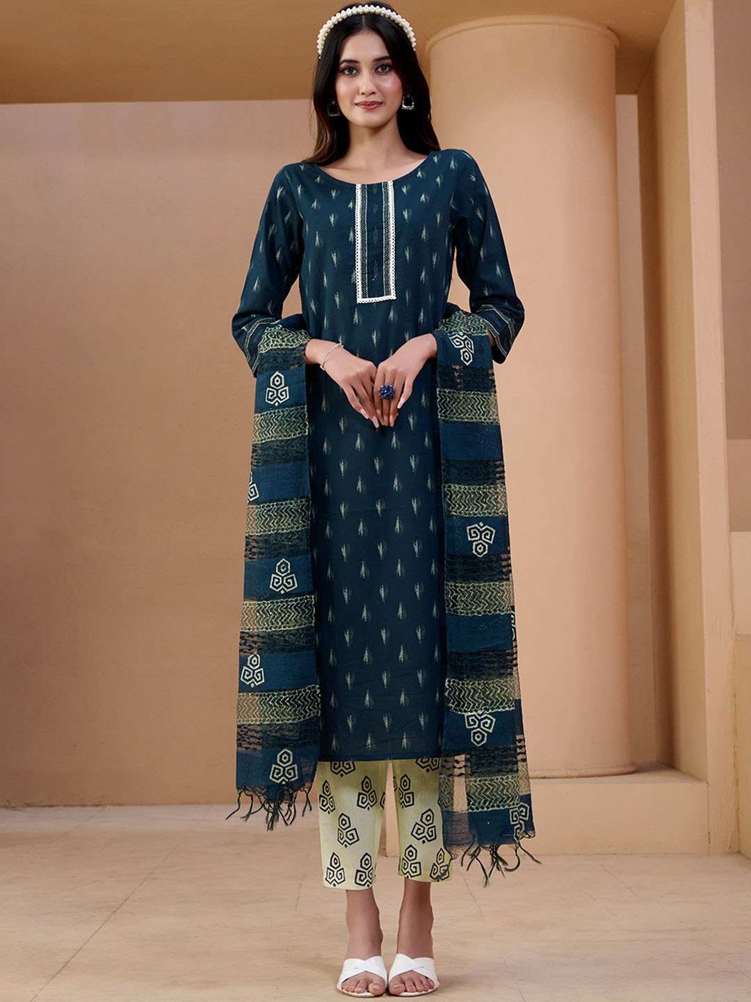 

KALINI Abstract Printed Regular Pure Cotton Kurta With Trousers & Dupatta, Navy blue
