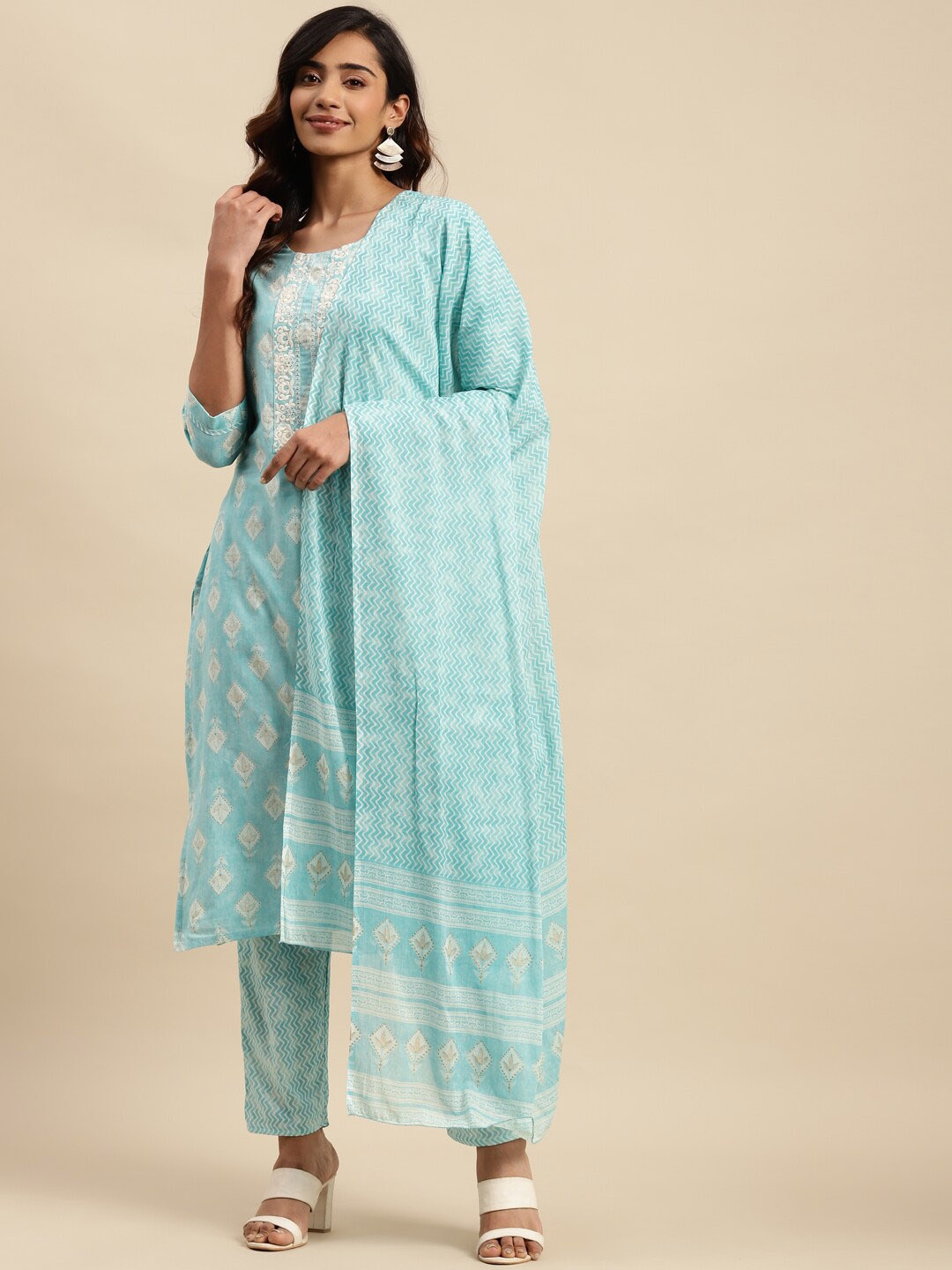 

KALINI Ethnic Motif Printed Regular Thread Work Pure Cotton Kurta With Trousers & Dupatta, Turquoise blue