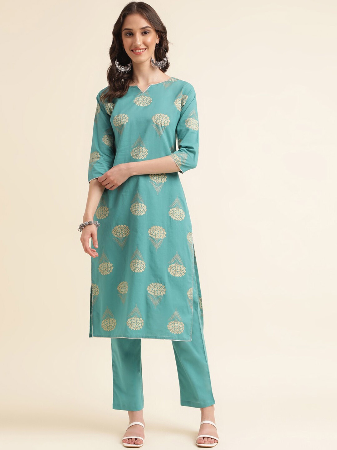 

KALINI Floral Printed Regular Pure Cotton Kurta With Trousers, Turquoise blue