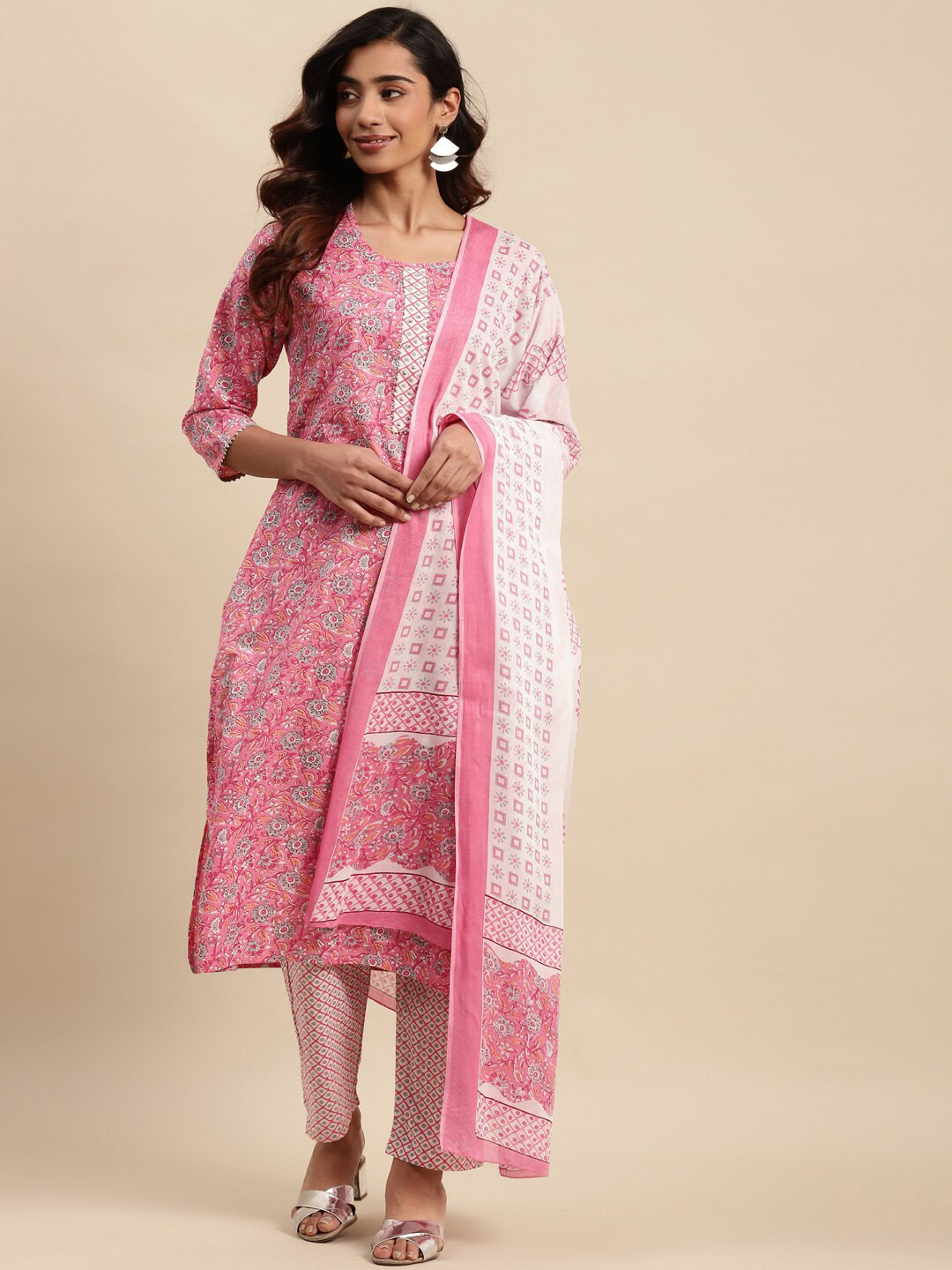 

KALINI Floral Printed Gotta Patti Pure Cotton Kurta With Trousers & Dupatta, Pink