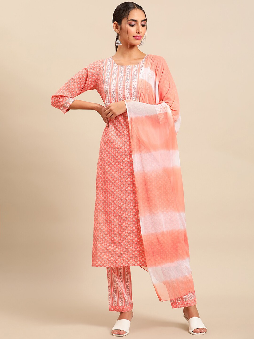 

KALINI Ethnic Motifs Printed Gotta Patti Straight Kurta With Trousers & Dupatta, Coral