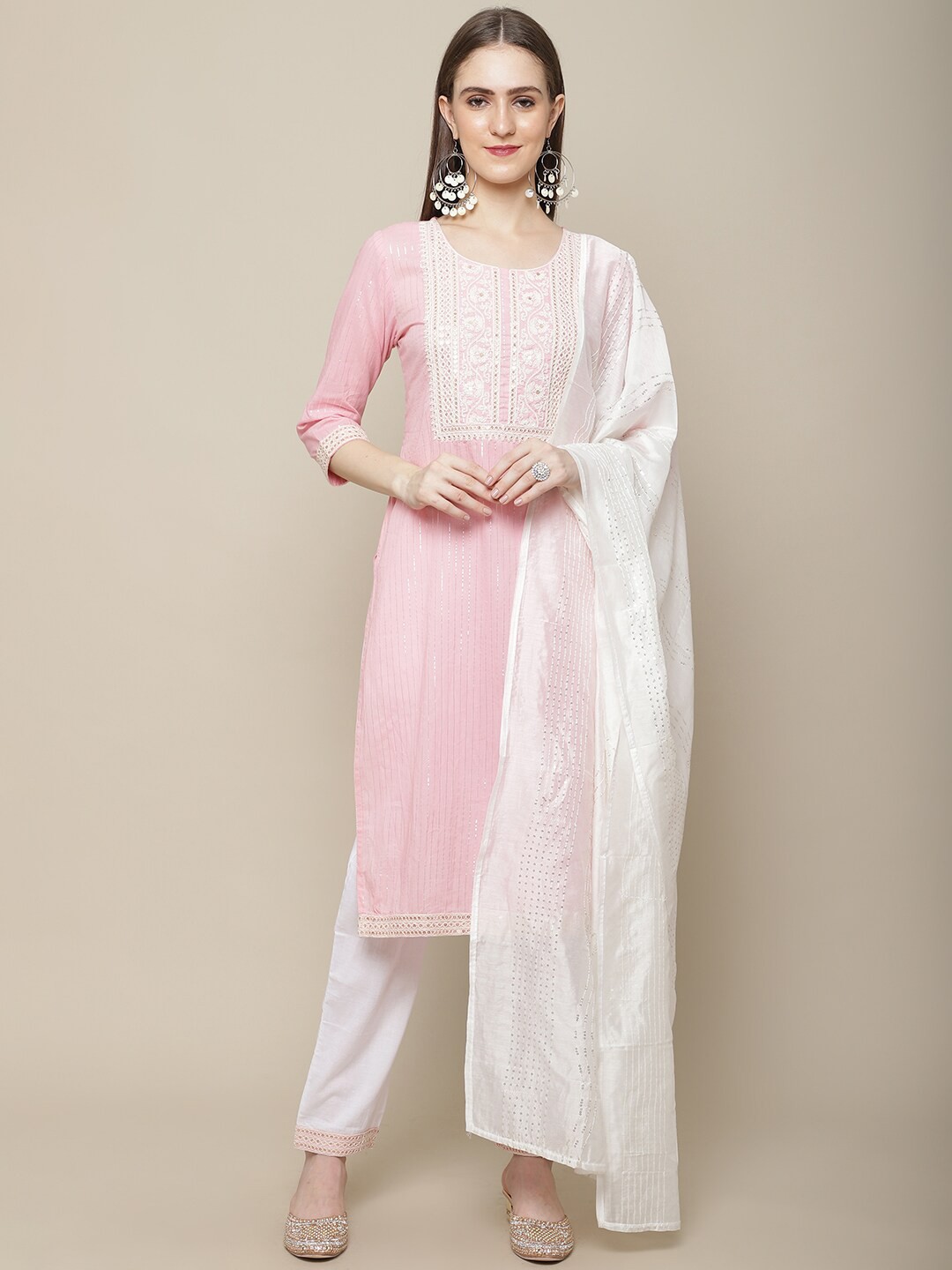 

KALINI Floral Embroidered Sequinned Pure Cotton Kurta With Trousers & Dupatta, Pink