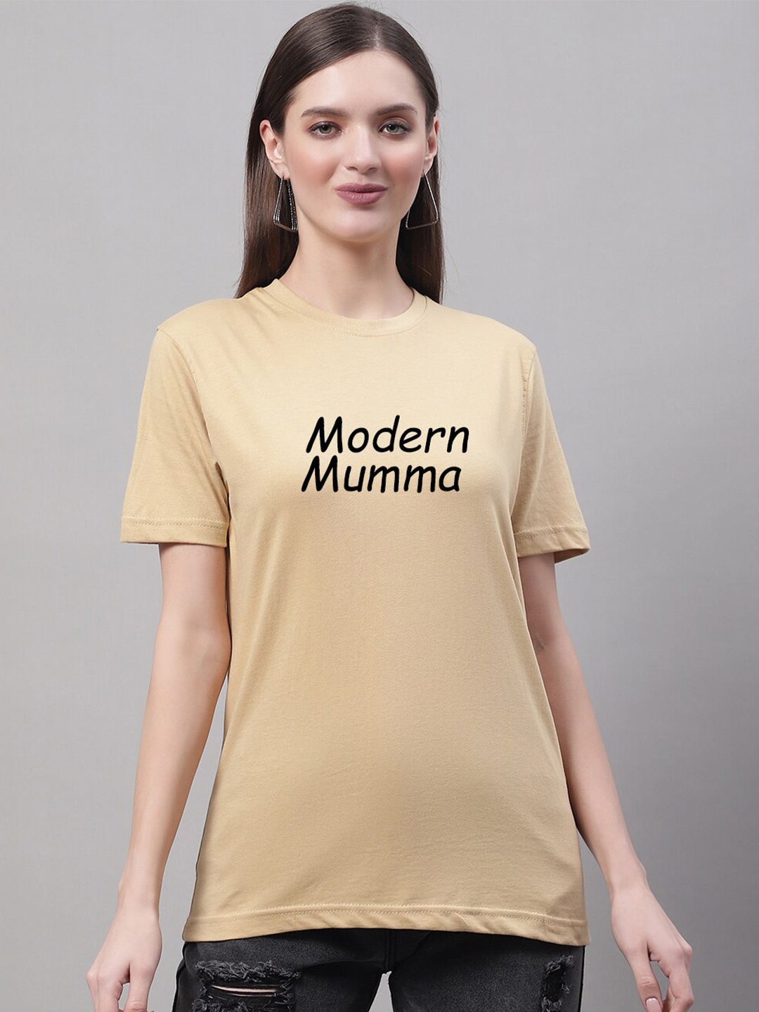 

borse lele Typography Printed Round Neck Pure Cotton T-shirt, Beige