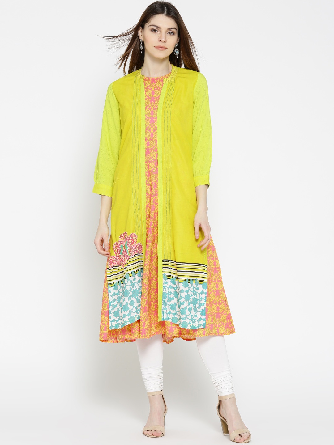 

Rangriti Women Pink & Yellow Printed A-Line Kurta with Ethnic Jacket