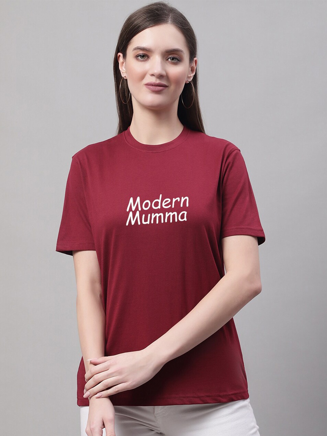 

borse lele Typography Printed Round Neck Pure Cotton T-shirt, Maroon