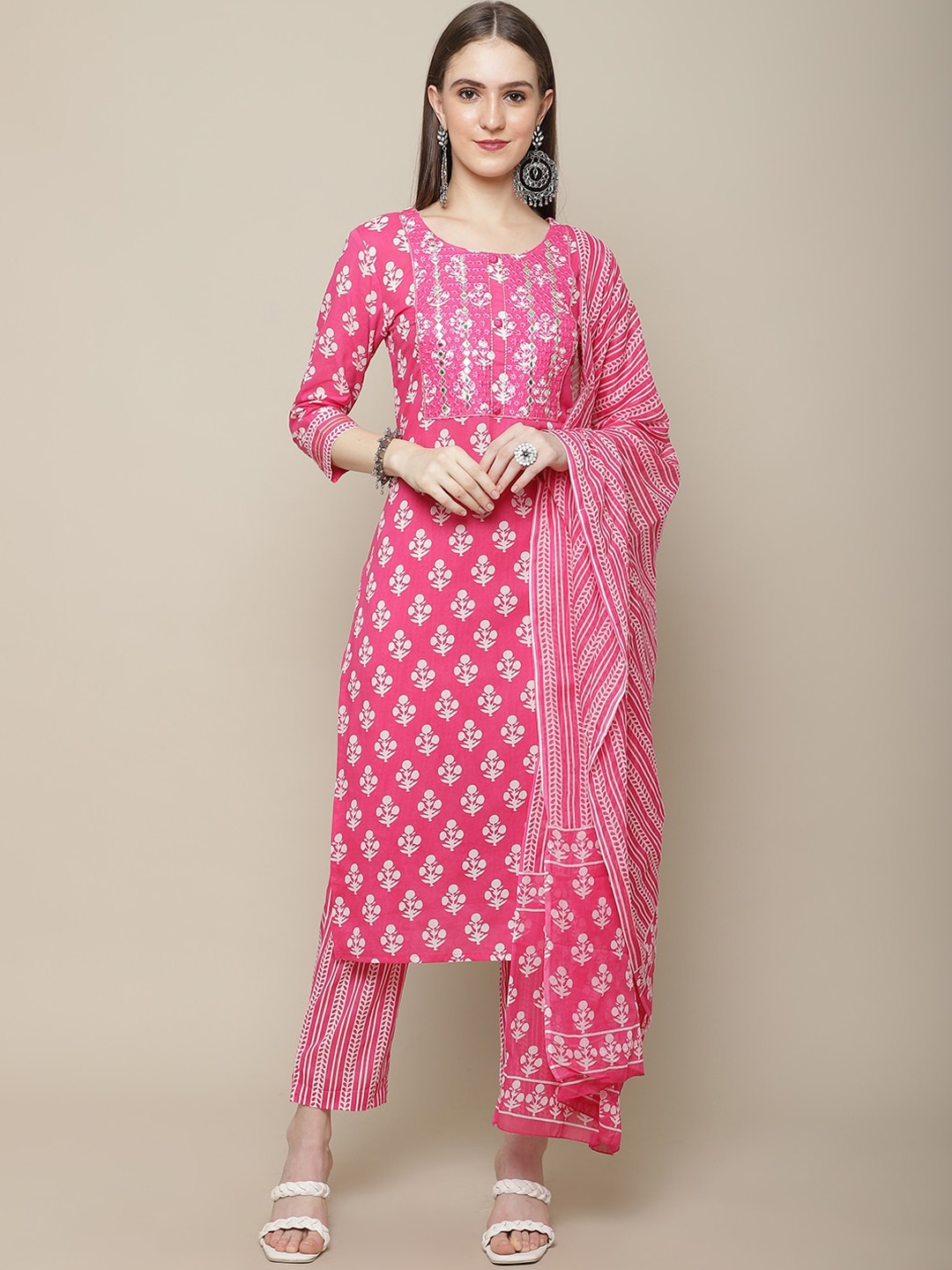 

Sangria Pink Ethnic Motifs Printed Mirror Work Pure Cotton Kurta With Trouser & Dupatta