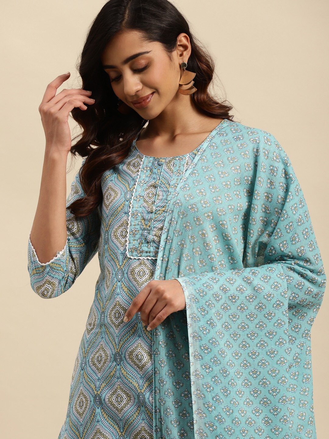 

Sangria Ethnic Motifs Printed Pure Cotton Kurta With Trousers & Dupatta, Sea green