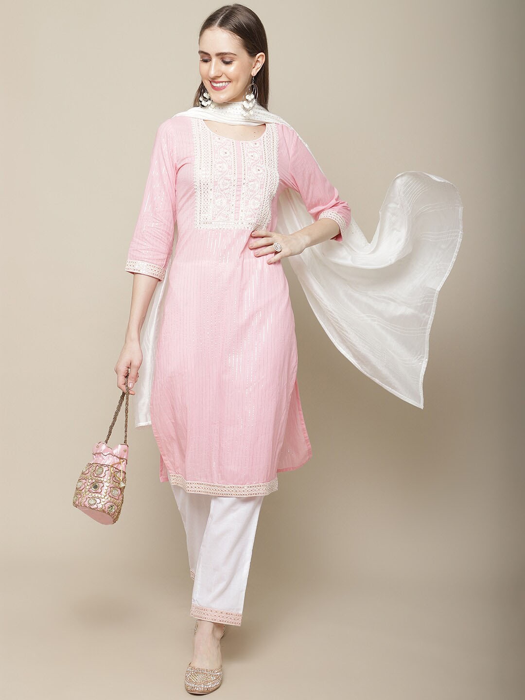 

Sangria Pink & White Ethnic Embroidered Sequinned Cotton Kurta With Trousers & Dupatta