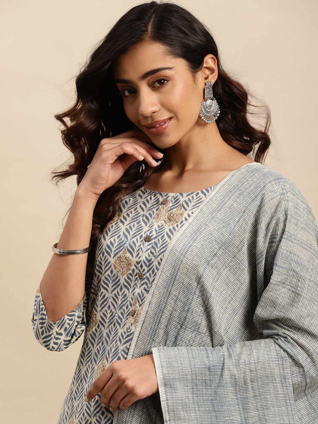 

Sangria Grey Ethnic Printed Thread Work Pure Cotton Kurta With Trouser & Dupatta Set