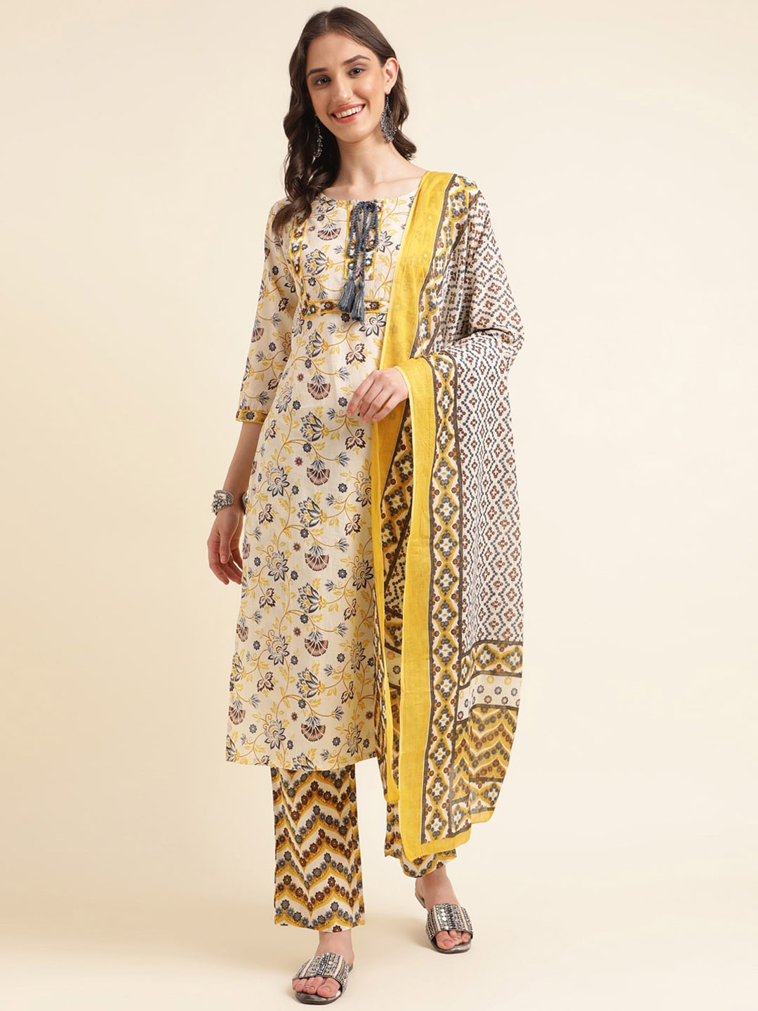 

Sangria Beige & Yellow Floral Printed Pure Cotton Kurta With Trousers & Dupatta Set