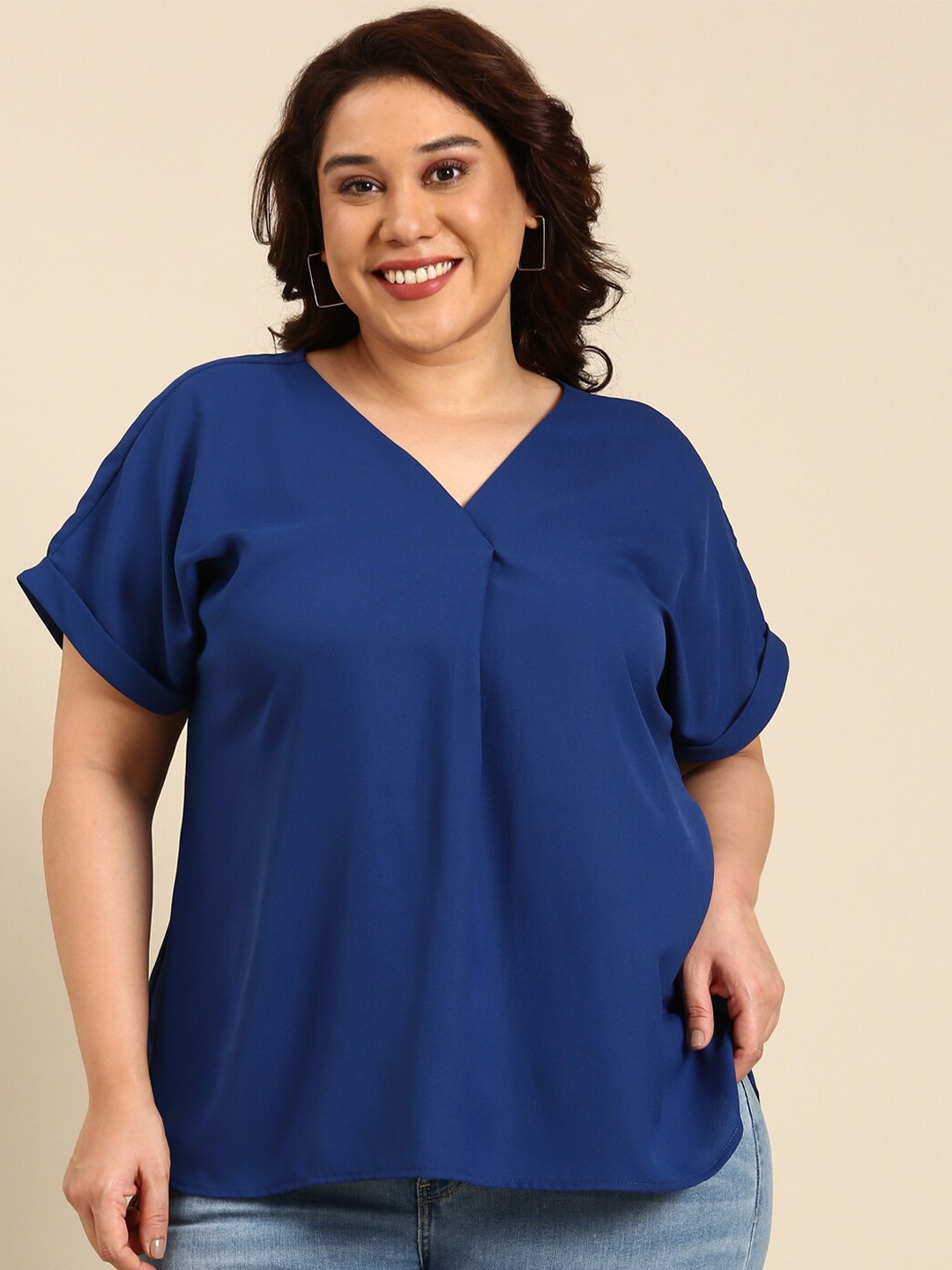 

The Pink Moon Plus Size V-Neck Extended Sleeves Top, Blue