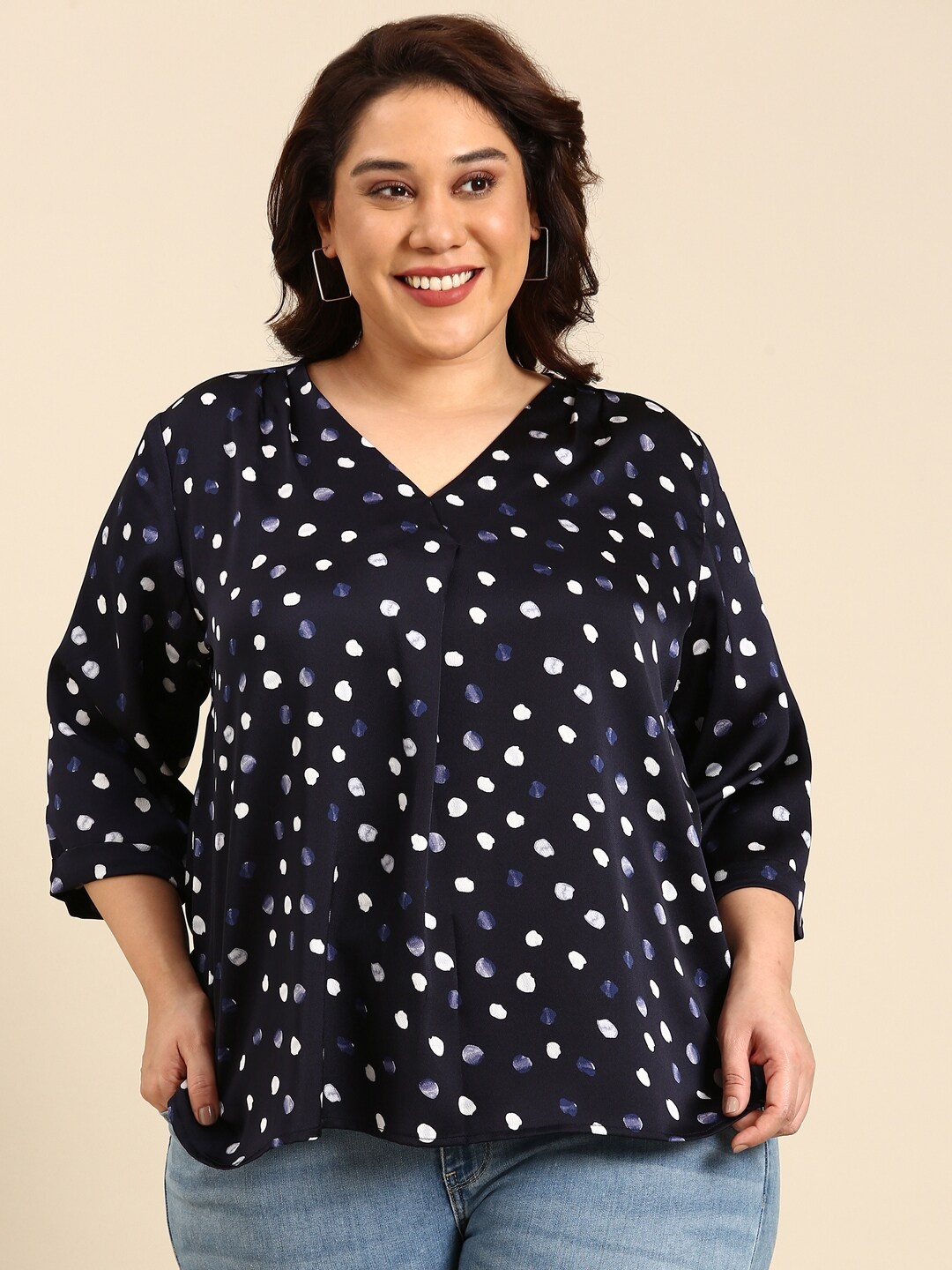 

The Pink Moon Plus Size Conversational Printed V-Neck Satin Top, Navy blue