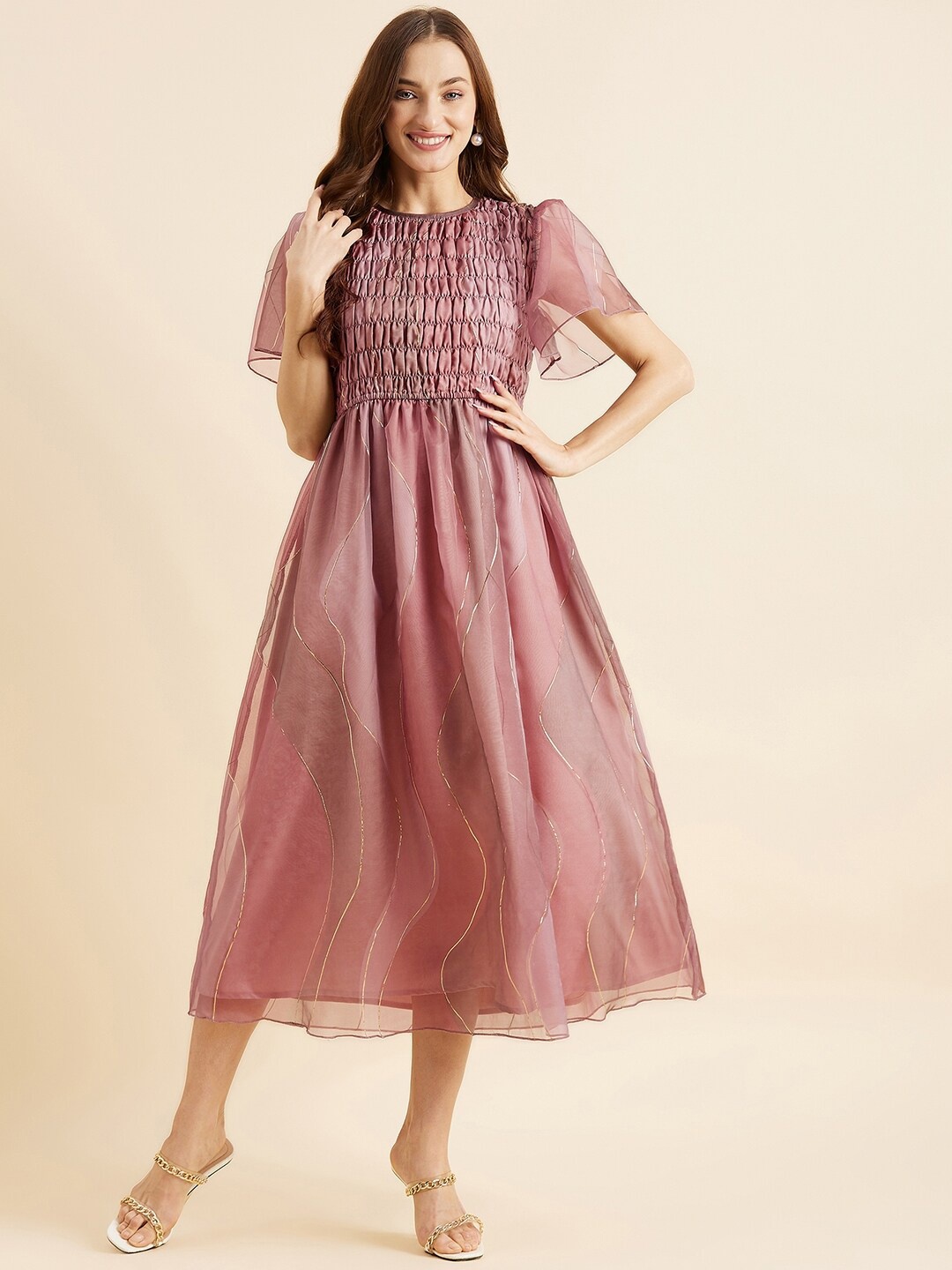 

PANIT Pink Abstract Printed Flared Sleeves Smocked Fit & Flare Midi Dress