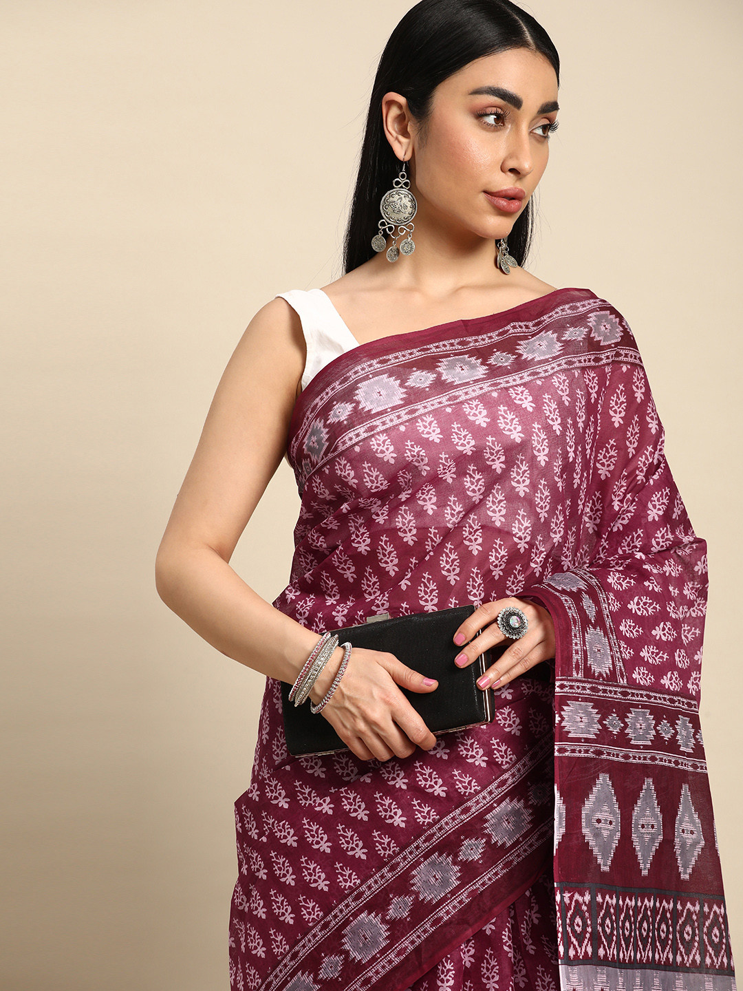 

SHANVIKA Ethnic Motifs Printed Pure Cotton Block Print Saree, Pink