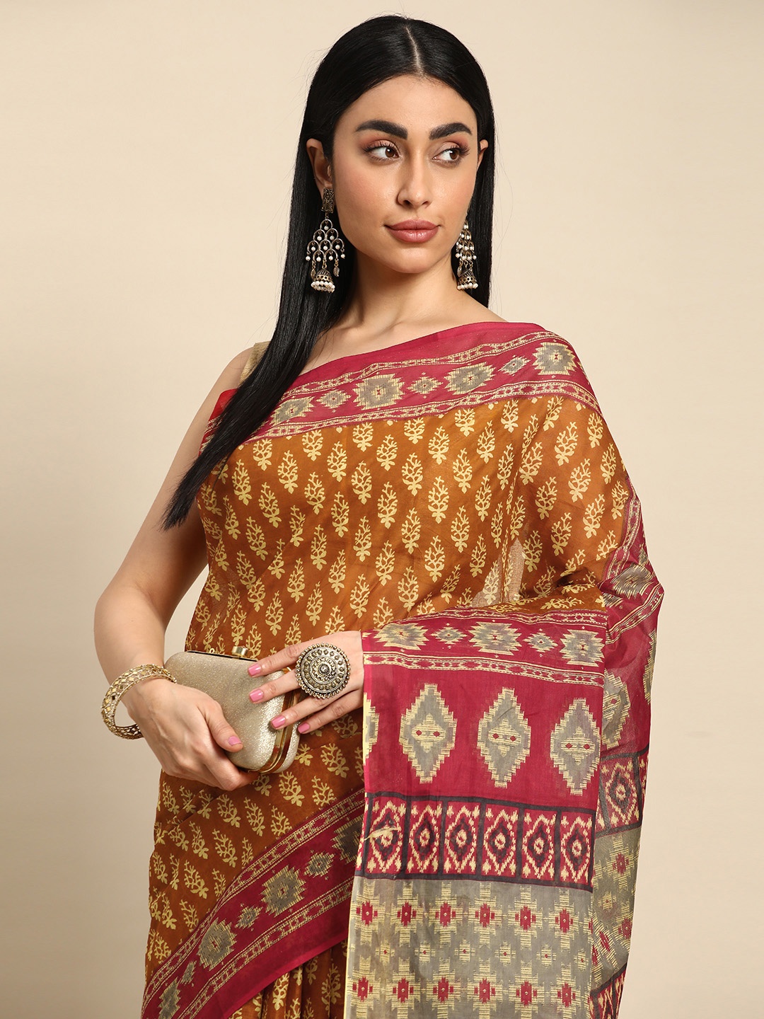 

SHANVIKA Ethnic Motifs Printed Pure Cotton Block Print Saree, Mustard