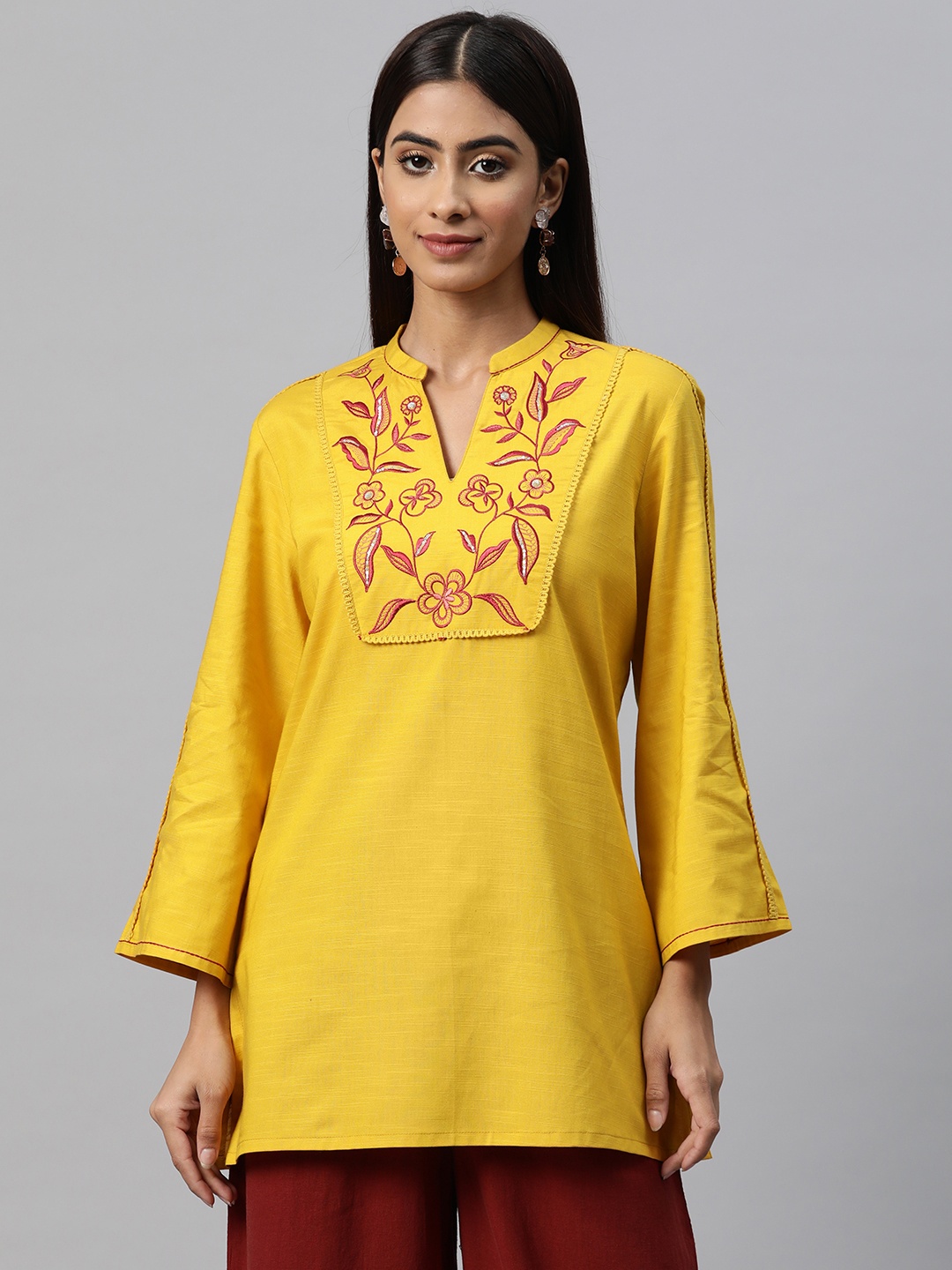 

Nayam By Lakshita Floral Embroidered Mandarin Collar Bell Sleeve Cotton Top, Yellow